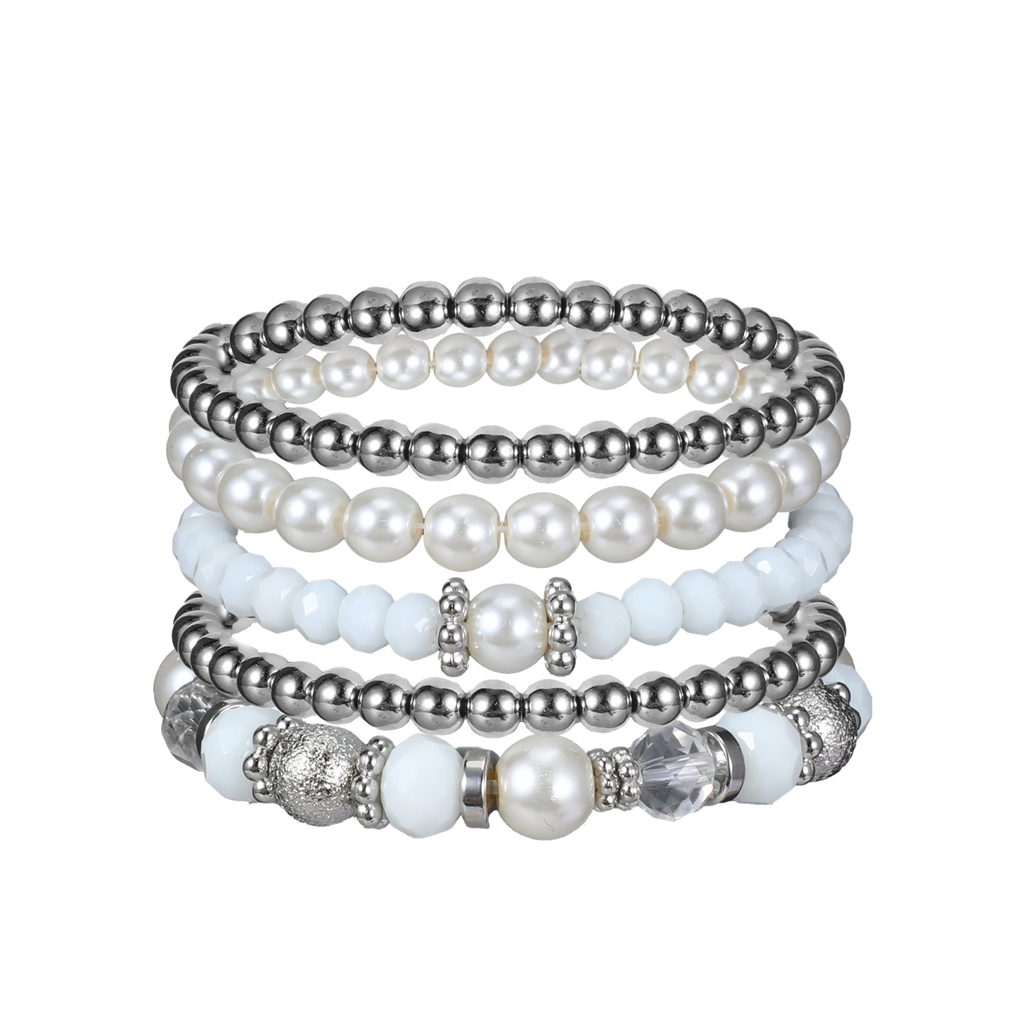Molain 5 Pcs Beaded Stretch Bracelets for Women, Stackable Bracelets Crystal Bead Bracelet Boho Beaded Bracelets Stretch Layering Beaded Bracelets Gifts for Women (White)