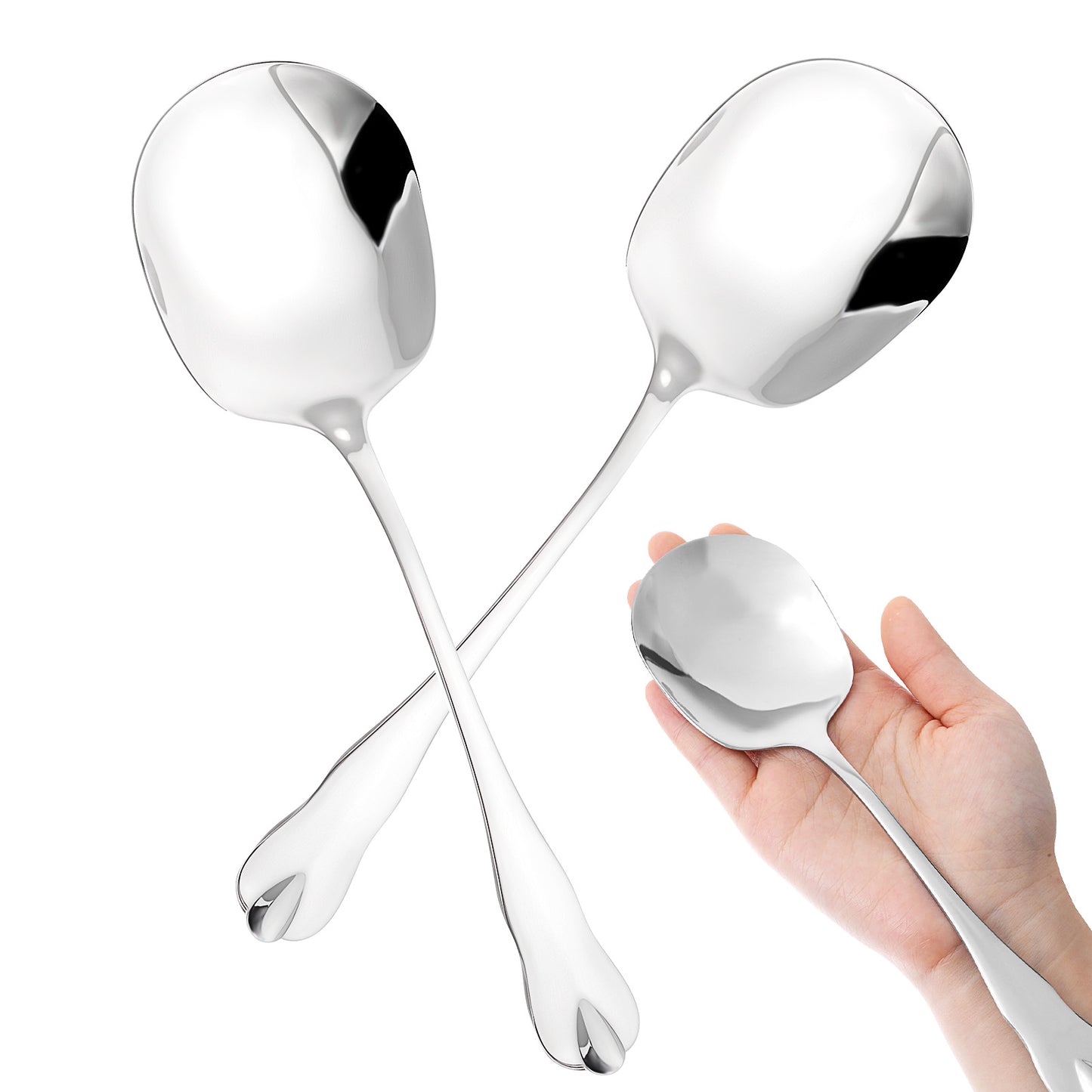 JIYIN 2 Pcs Large Stainless Steel Soup Spoons, Silver Square Head Design Serving Spoons, 8'' Long Handle Big Tablespoon for Ramen Dumplings Ice Cream Dessert, Restaurant Tableware