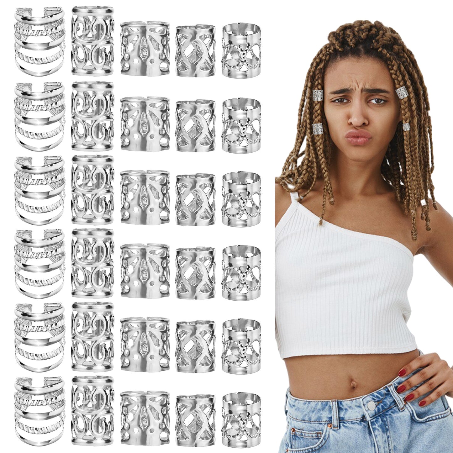 BOHUIZ 100 Pcs Silver Hair Jewelry for Braids, Loc Jewelry for Hair Dreadlock, Hair Charms for Women, Metal Silver Braids Rings Cuffs Clips for Dreadlock Accessories Hair Braids Jewelry Decoration