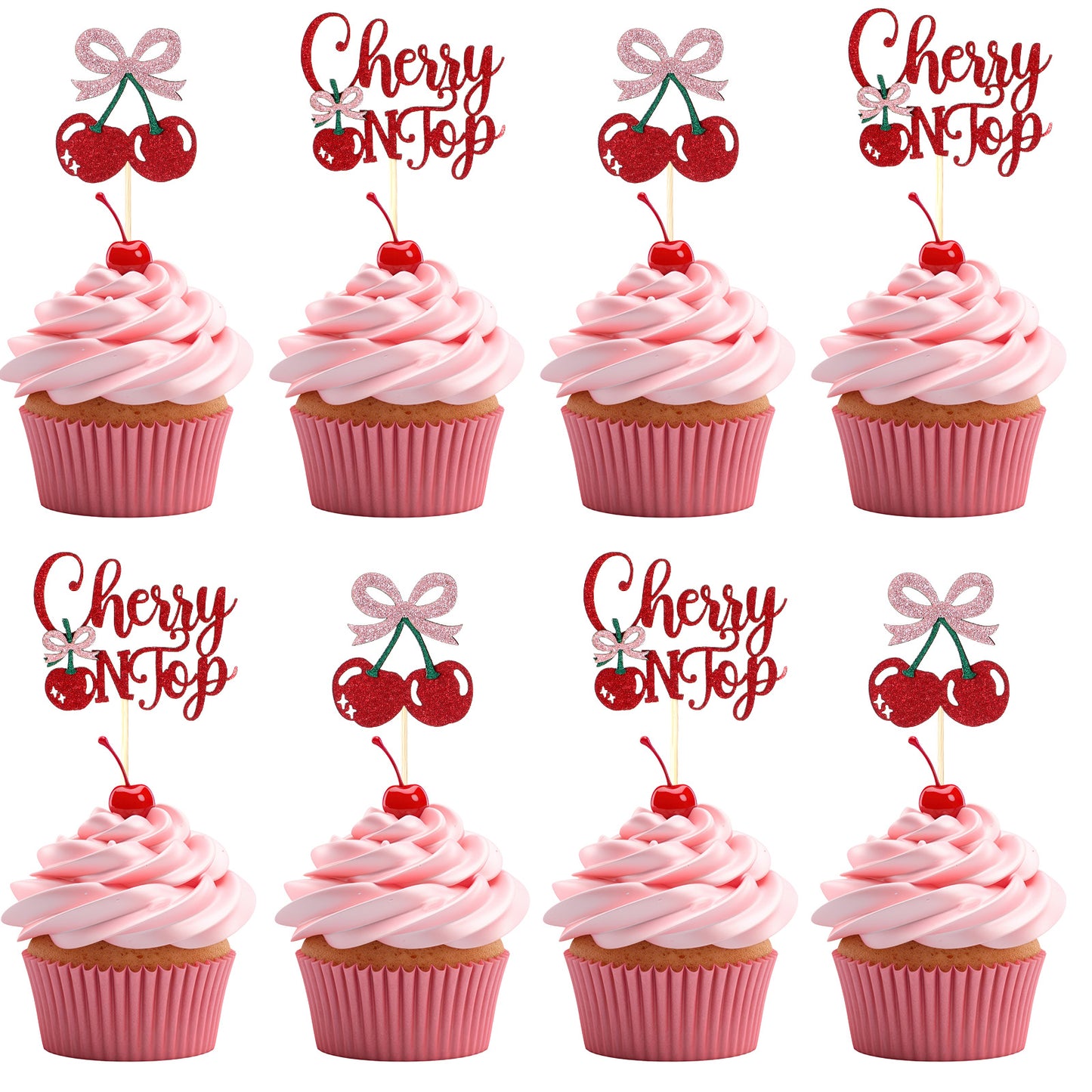 YUXMU 24 Pcs Cherry Birthday Cupcake Toppers, She's the Cherry on Top Baby Shower Decorations Glitter Cherry Cake Decorations for Fruit Theme Party Supplies(cherry on top)