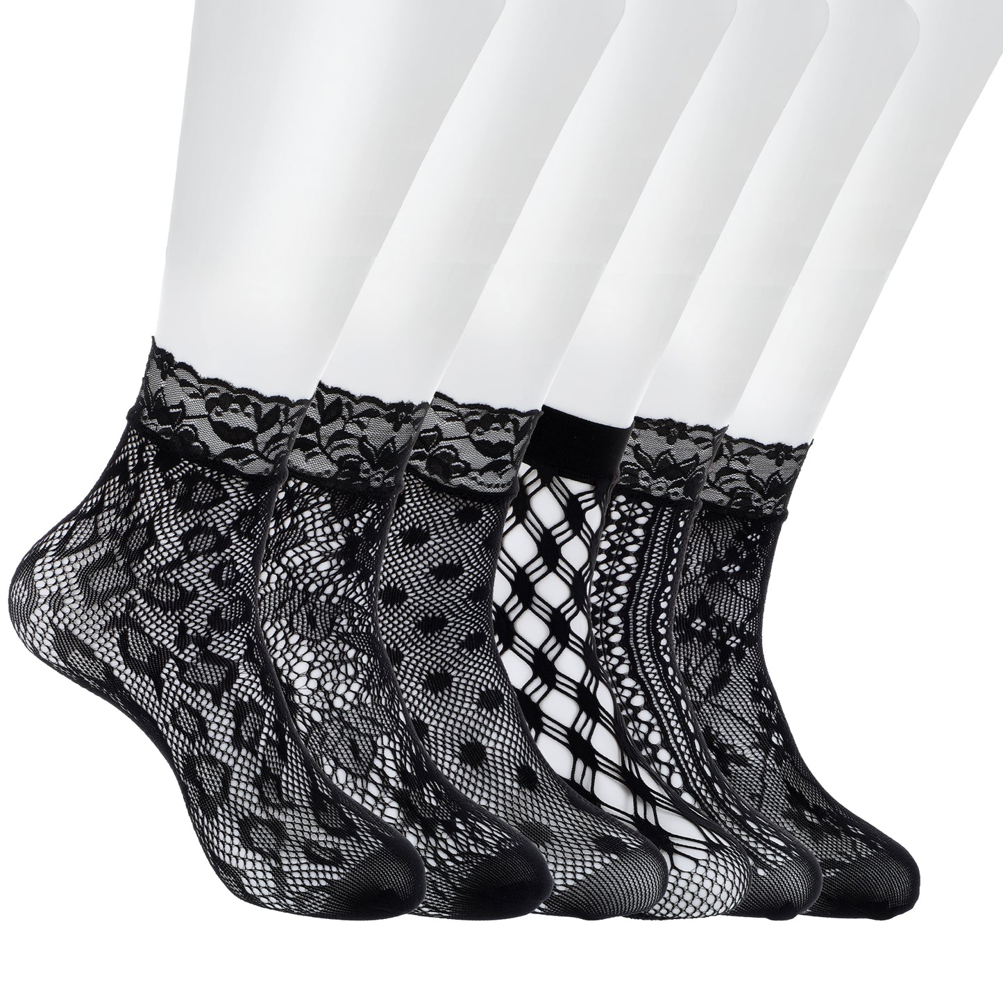 GEEHUA 6 Pairs White/Black Lace Socks, Elegent Mesh Fishnet Ankle Socks Sexy Hollow Mesh Lace Sock for Women Girls(Black)