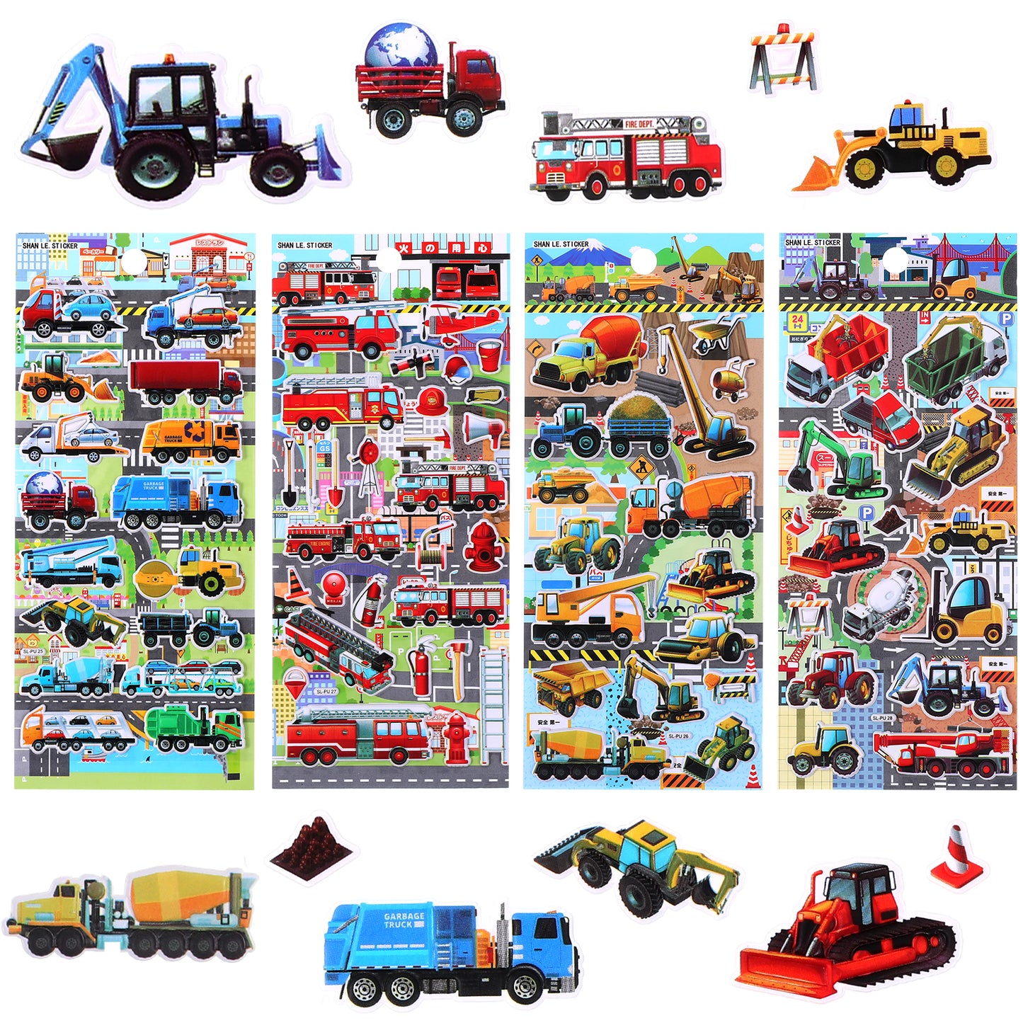 Yuanchu Car Stickers, 3D Puffy Stickers For Kids Truck Stickers Train Stickers Reusable Puffy Stickers 4 Sheets Vehicle Stickers With Construction Truck Tractor Fire Truck Police Car For Reward Gift