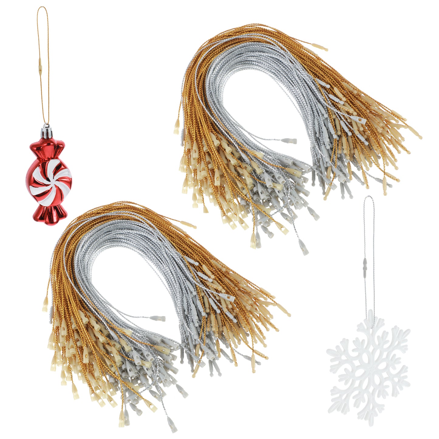 Molain 400Pcs Christmas Ornament Hooks, Ornament Hangers with Snap Ornament String for Christmas Tree Holiday Party Halloween Hanging Ornament Decorations Ropes Easy and Fast Locking(Gold+Silver)