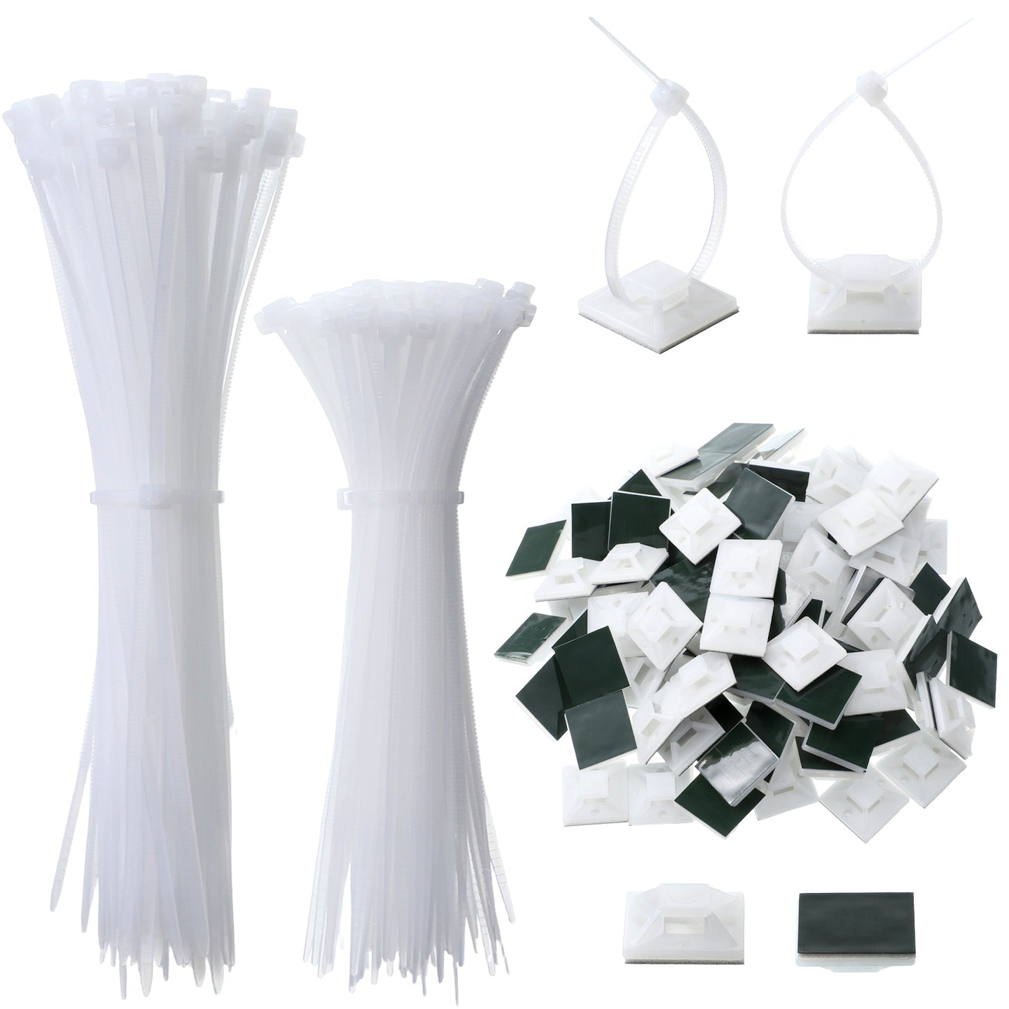 cobee 300 Pcs White Cable Ties Set, Self Adhesive Cable Zip Tie Mounts Set Cables Management Clips with Zip Tie 100 Pcs Each of 120mm/150mm Cables Ties and 100Pcs Self Adhesive Mounting Base