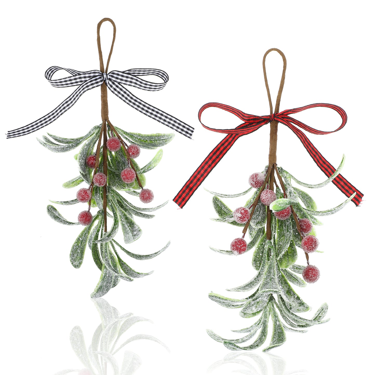 GEEHUA 2 Pcs Christmas Mistletoe Decor, Xmas Mistletoe Hanging Ornament with Plaid Bow, Artificial Red Berry Mistletoe Decorations Glitter Christmas Tree Accessories Mistletoe Kissing Ball(Red+White)