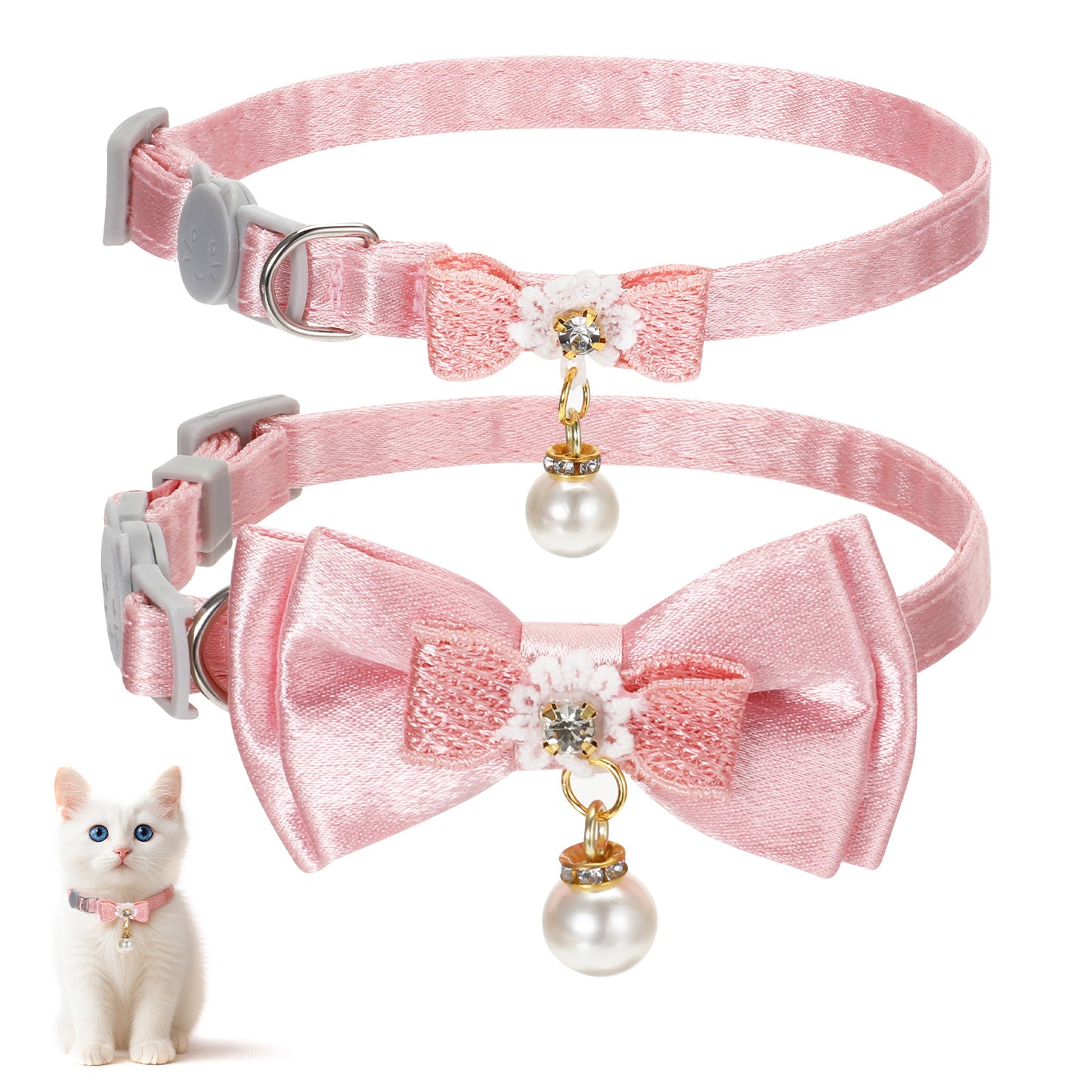 Jeffdad 2Pcs Cat Collar Breakaway, Pink Bowtie Cat Collar with Pearl Pendant Quick Release Safe Buckle Cute Cat Collars for Girl Cat