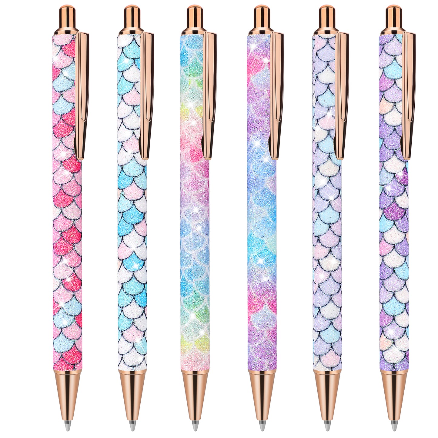 Molain 6 Pcs Bling Sparkly Metal Pens, Retractable Ballpoint Cute Glitter 1.0mm Black Ink Fine Point Gift Writing Journaling for Kids Students Teachers Drawing Gift(Fish Scale Style)