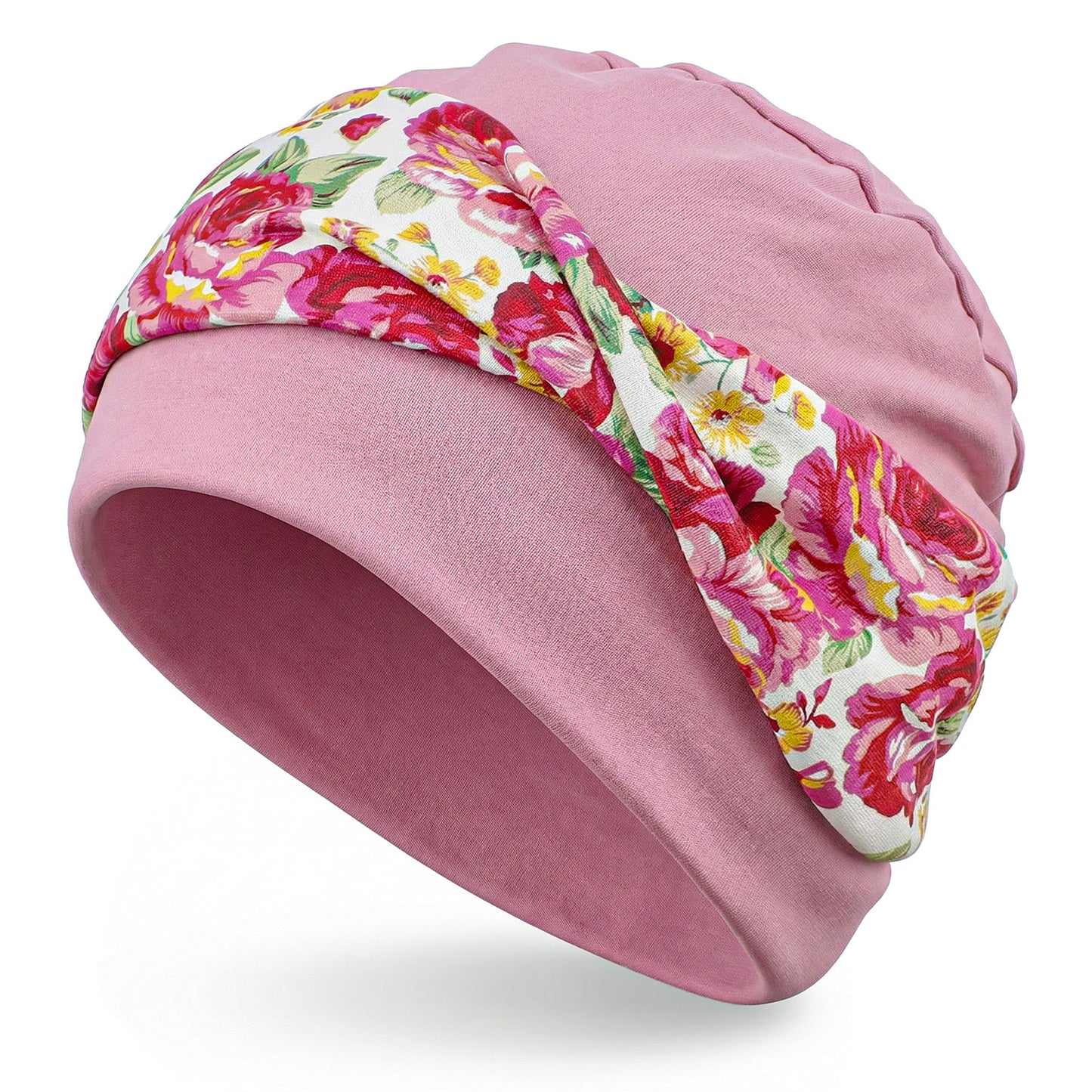 Molain 2Pcs Women's Bohemian Floral Print Cross Turban Hat, Stretchy Headwrap Beanie Cap for Chemo Hair Loss Lightweight Head Scarf Black and Pink