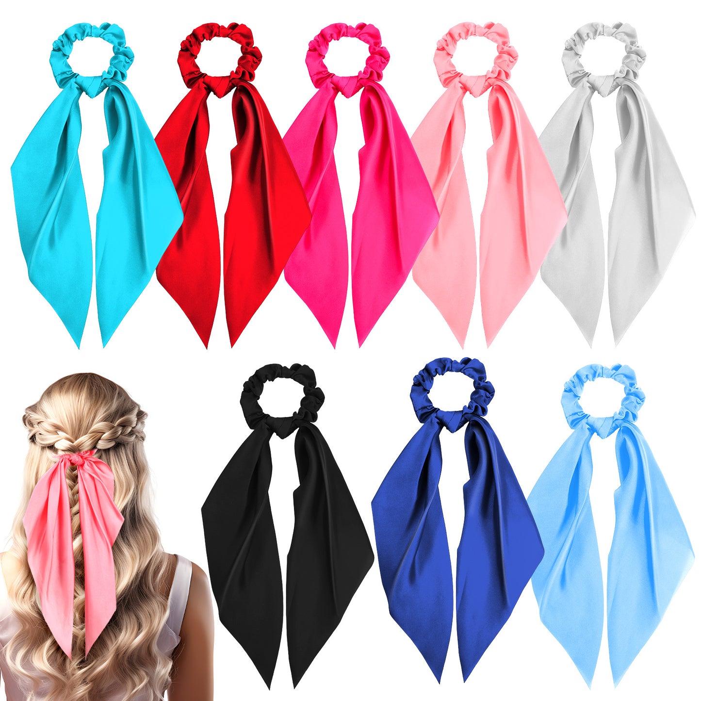 DOPENSPI 9PCS Colorful Solid Hair Scarf Scrunchies for Women, Elastic Satin Hair Ties with Long Ribbon Ponytail Holders with Bows Accessories for Women Girls