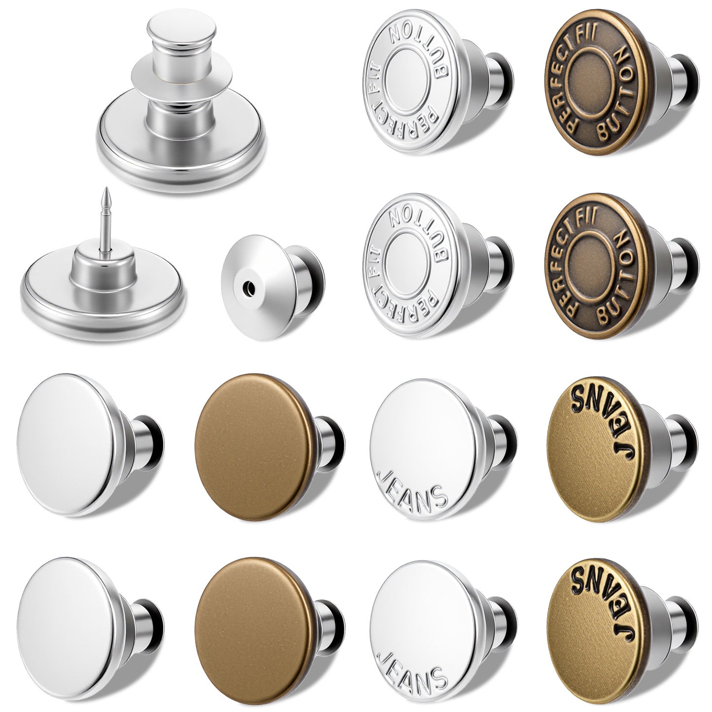 GEEHUA 12Sets Jeans Buttons Replacement, 3Styles No Sew Metal Buttons Adjustable Metal Pant Button Removable Button for Pants with Threads Rivets