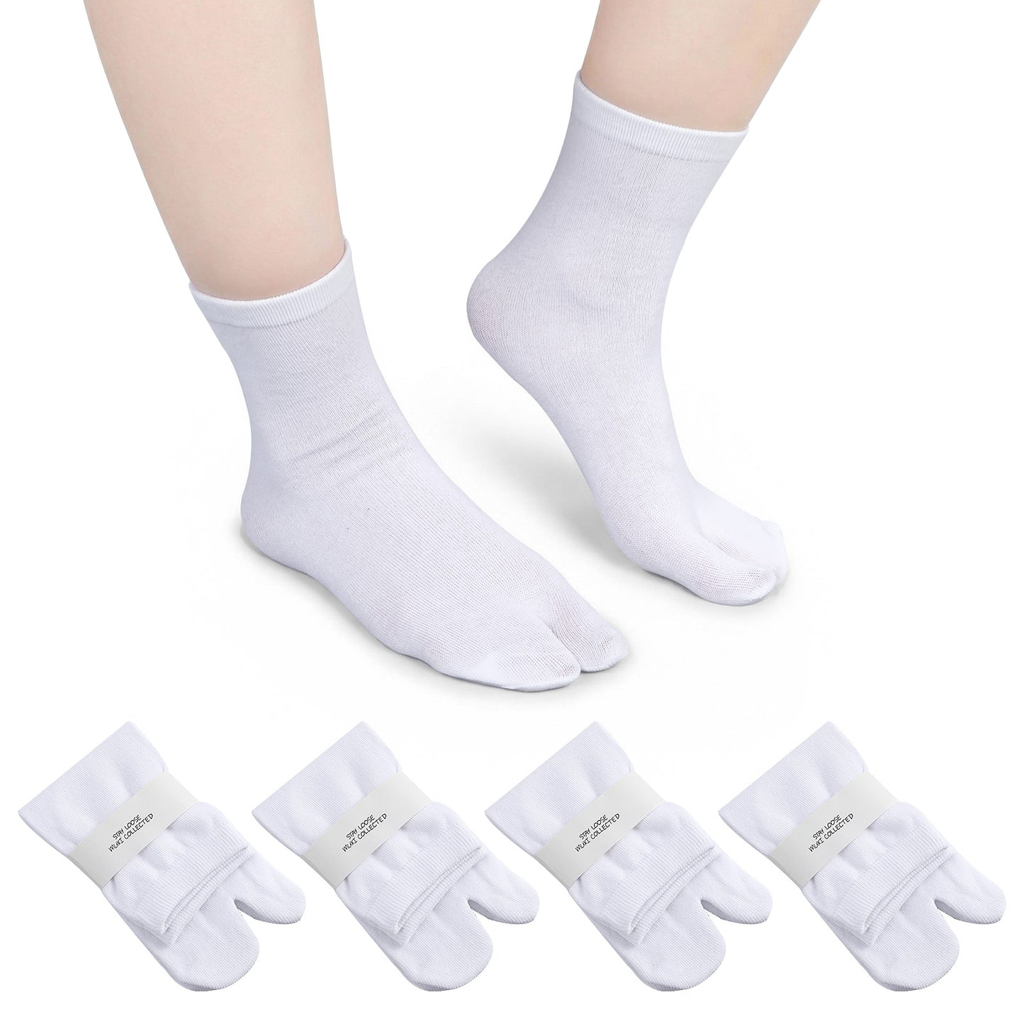 TIESOME 4 Pairs Japan Tabi Socks, Japanese Toes Separated Socks for Flip Flop Geta Soft & Breathable Cotton Sock for Women Men(White)