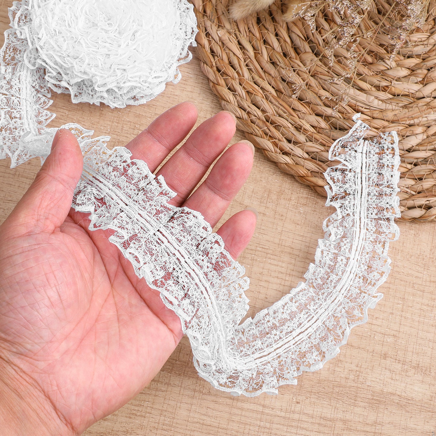 WJIAAA White Lace Ruffle Trim,1.8" x 10 Yards Double Layer Edge Lace Ribbon Nylon Ruffle Ribbon for Crafts Sewing DIY(White)