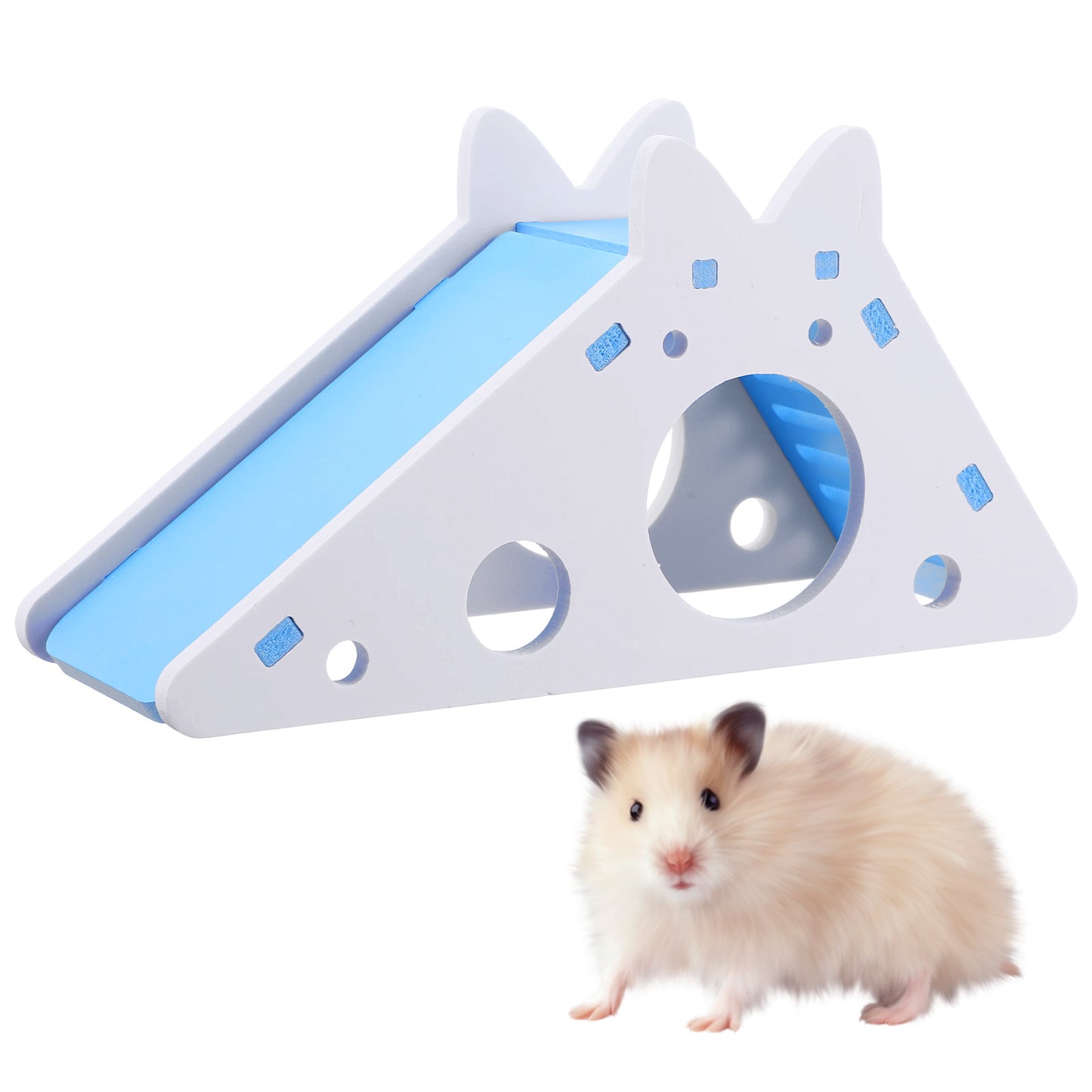TIESOME Hamster House with Ladder and Slide, Wooden Hamster Play Toys Hideout Hut Gerbil Rat Hideaway Small Animal Activity Toy DIY Cage Accessories for Small Pets(Blue)