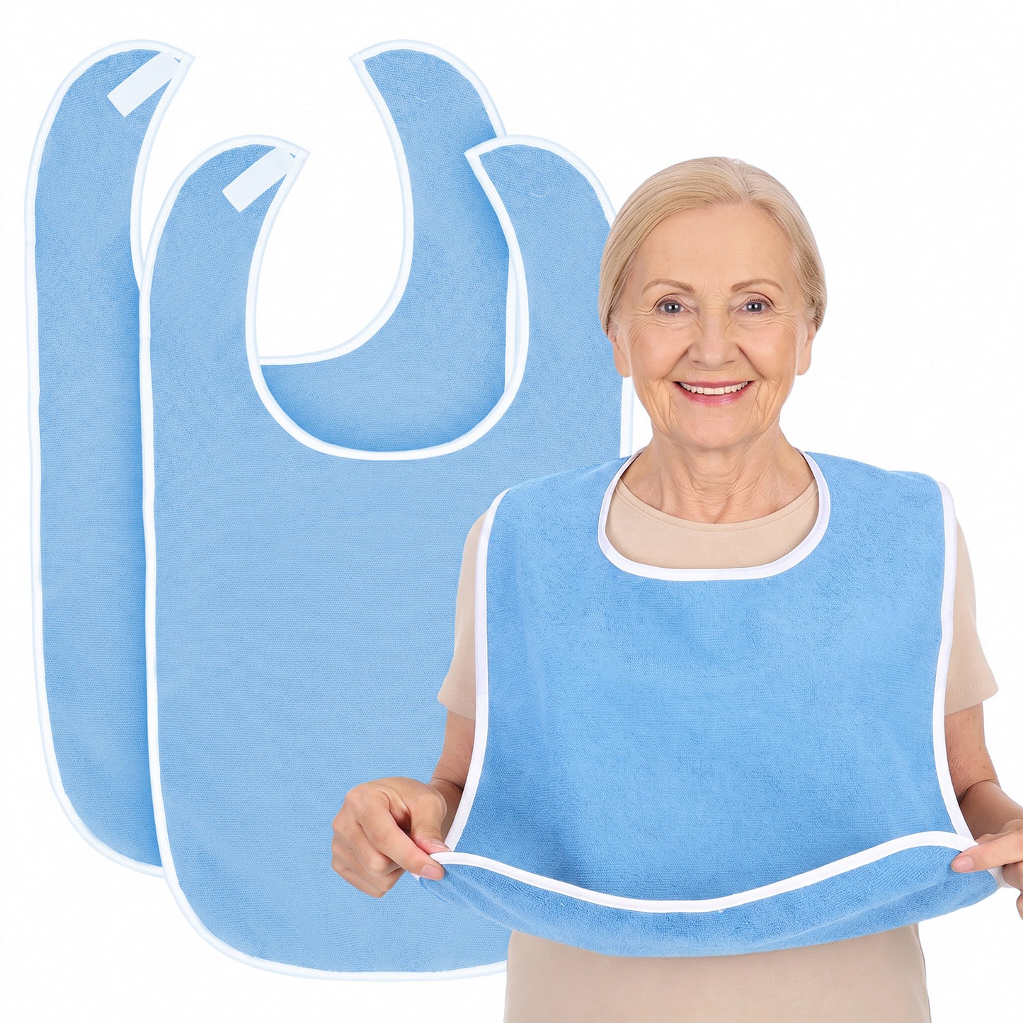 Cobee 2 Pack Adult Bibs, Adjustable Terry Cloth Bib Reusable Towel Bib Protectors Washable Clothing Protector Bibs for Senior Men Women Elderly Adults(Light Blue)