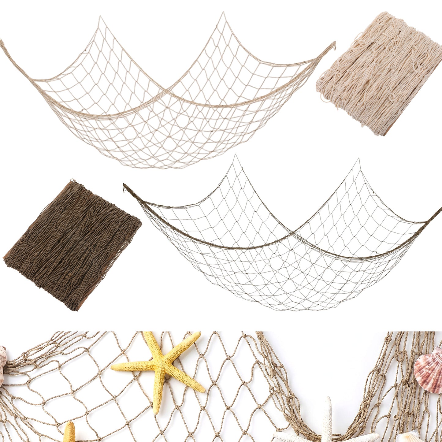 Jeffdad 2 Pcs Fish Net Decorations for Party, 1m x 2m Decorative Nautical Themed Fishnet Party Accessory Wall Hanging Fish Net Decorative for Home Bedroom