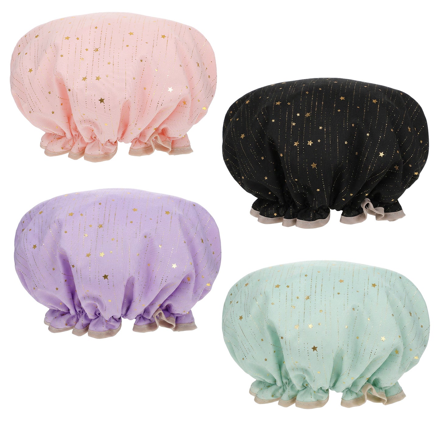 Yuanchu 4 Packs Large Shower Caps for Women, Waterproof Shower Cap Double Layers Reusable Hair Bonnet Caps with Scrunchies for Long Thick Hair (Black, Pink, Purple, Green)