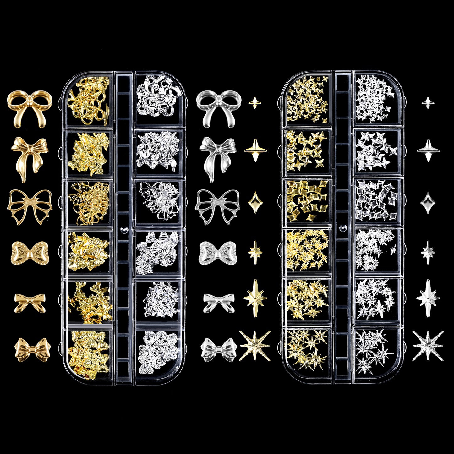 cobee 2 Boxs Gold Bow Nail Charms, 12 Styles Silver Mini Nail Charms Nail Art Rhinestones, 3D Star Nail Bows and Charms Nail Jewelry for Women Girls DIY Nail Decoration Supplies