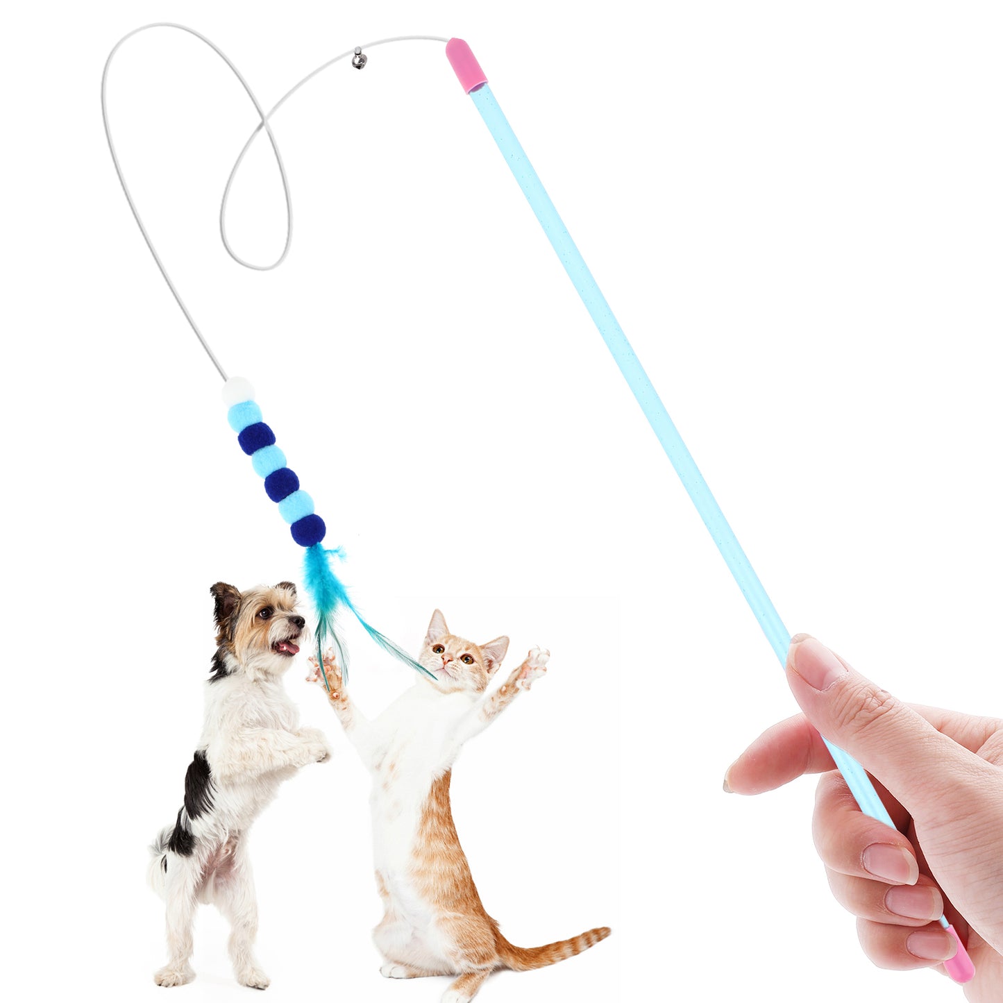 DOPENSPI Cat Wand Toy, 30 cm Interactive Feather Teaser Wand with Bell Plush Ball Interactive Cats Catcher Indoor Cat Exerciser Training Stick