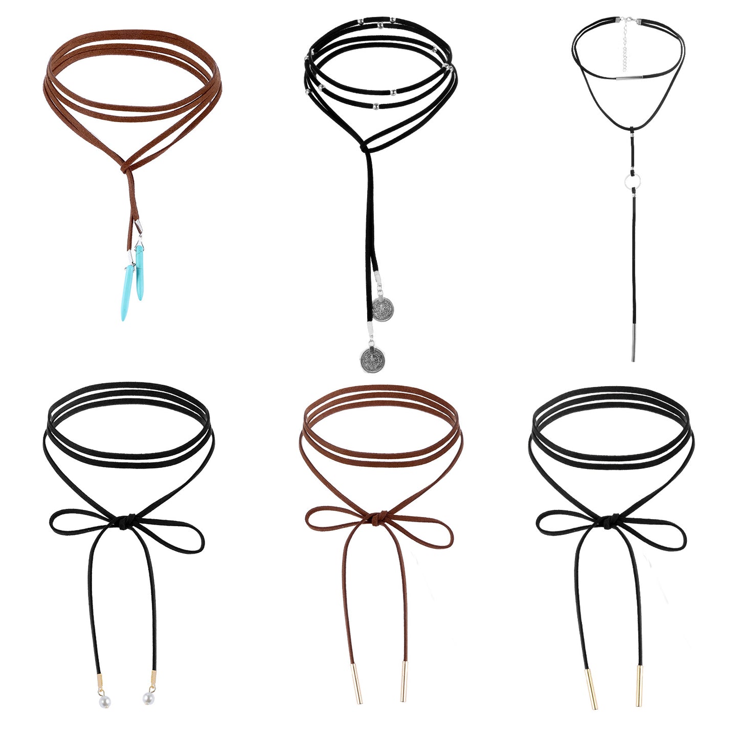 TIESOME 6 PCS Gothic Velvet Choker Necklace Set, Adjustable Long Wrap Rope Collar with Alloy Pendant Boho Party Necklace for Women Black Brown