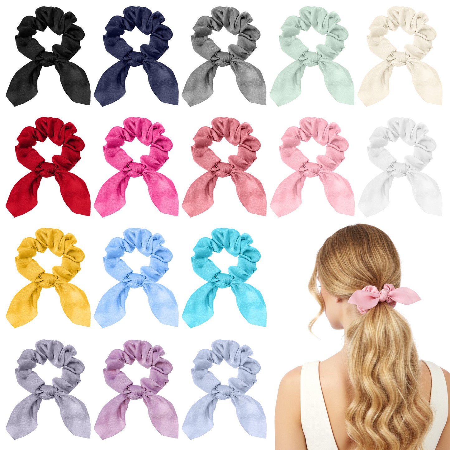 DOPENSPI 16 Pack Bow Hair Scrunchies for Women Girls, Elastic Hairs Ties Cute Bunny Ears Silk Scrunchies Bow Scrunchie Ropes Ponytail Holder Hairs Accessories