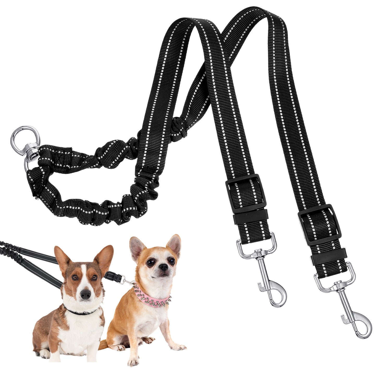 YUXMU 2 Pcs Dog Leash, 360° Swivel No Tangle Dog Leash for 2 Dogs Walking Training Comfortable Shock Absorbing Reflective Bungee Walk