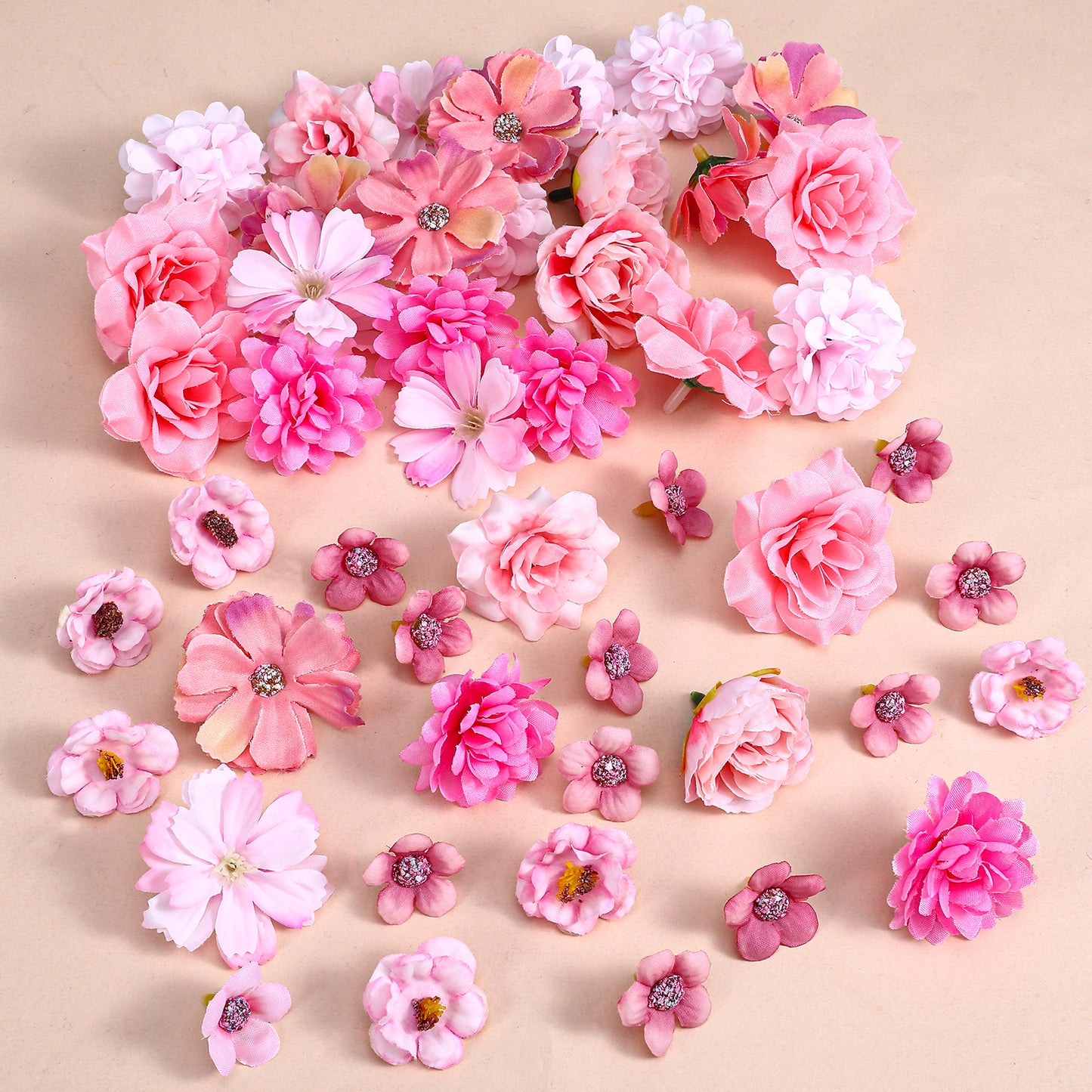 YUXMU 50 Pcs Mini Silk Faux Flower Heads, Small Pink Artificial Flowers, Fake Rose Peony Daisy for Crafts DIY Wedding Party Wreath Graduation Cap Home Decor