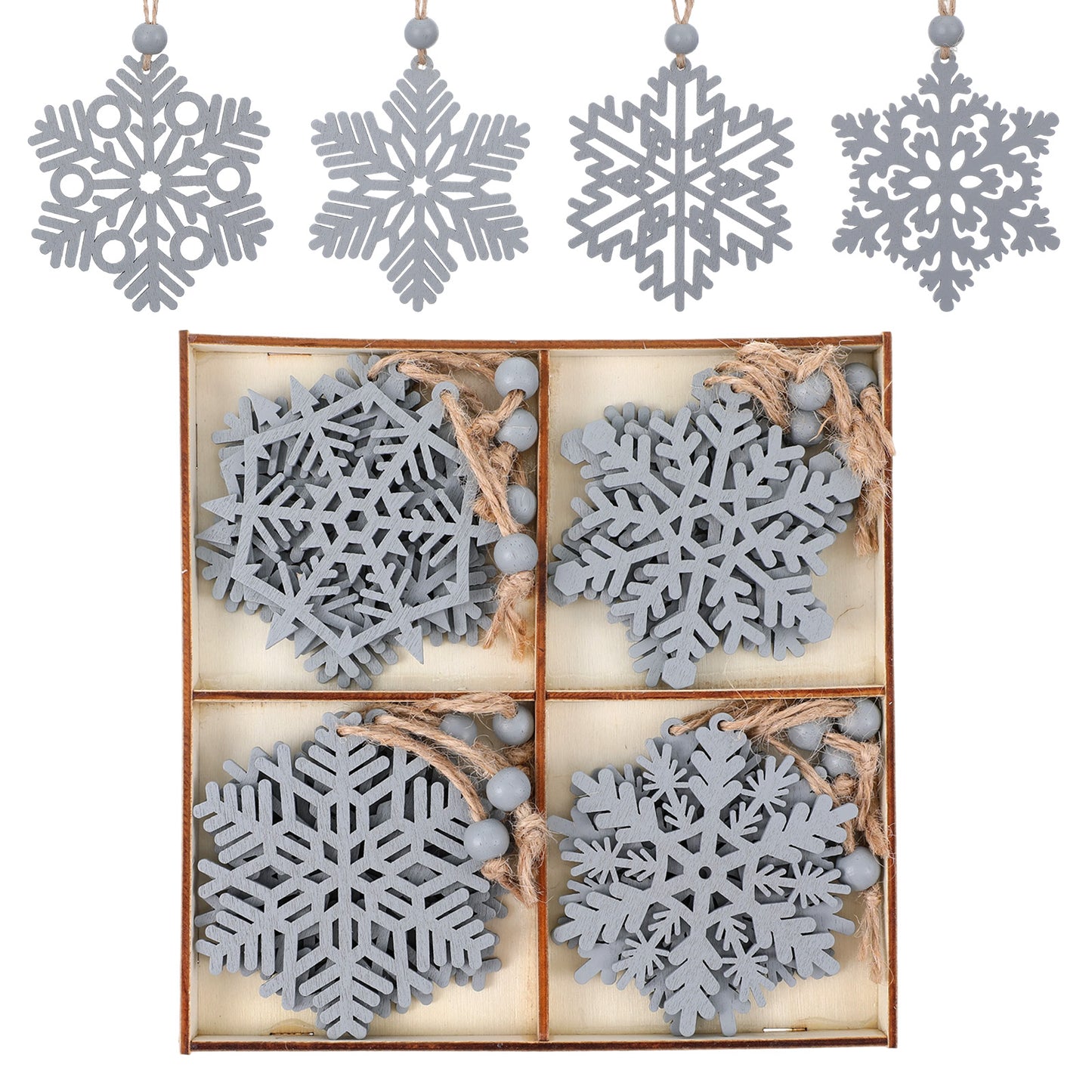 YUXMU 16 Pcs Wooden Snowflakes for Crafts, 3 Inch Unfinished Snowflake Ornaments for Christmas Tree & Home DIY White Christmas Decor with Natural Wood Texture(Grey)