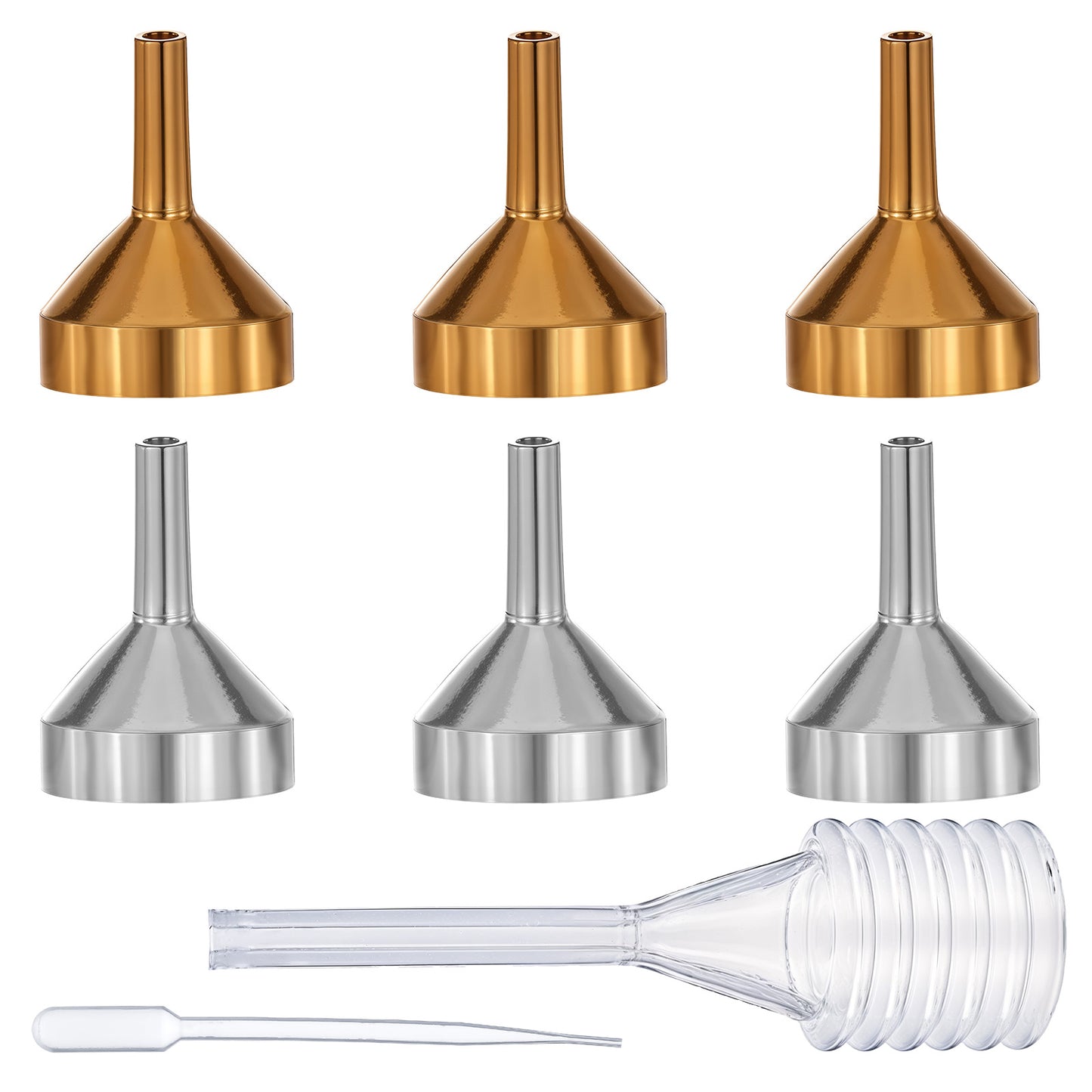 TIESOME Small Metal Funnels, 6 PCS Gold & Silver Mini Funnel with 2 PCS Mini Pipette Universal Mini Funnel for Filling Small Mini Bottles or Containers Essential Oils Perfume Liquid (3.3 x 2.5cm)