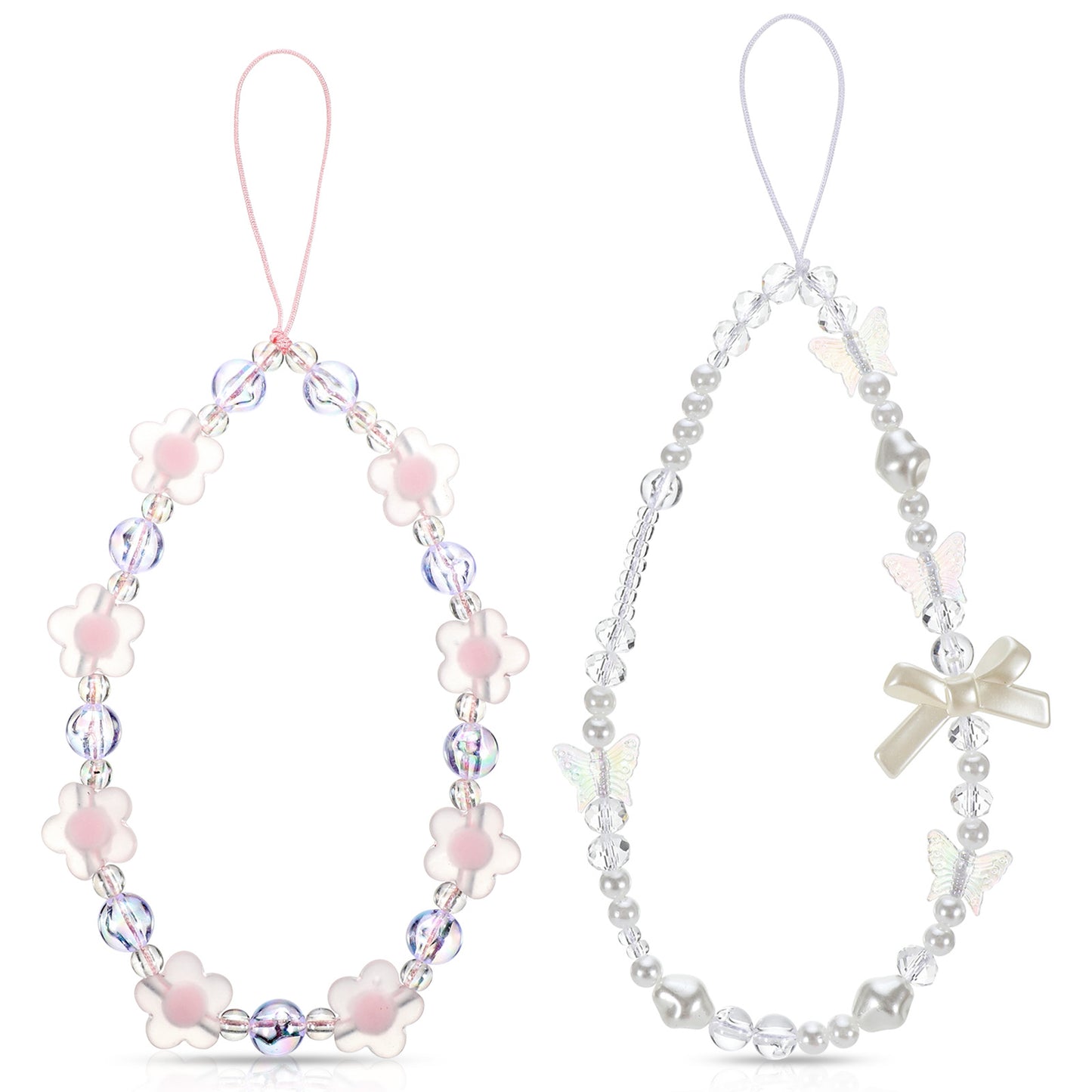 SHENLIU 2 Pcs Beaded Phone Wrist Strap, Cute Phone Charm Butterfly Flower Pearl Phones Chain Y2k Charms Lanyard
