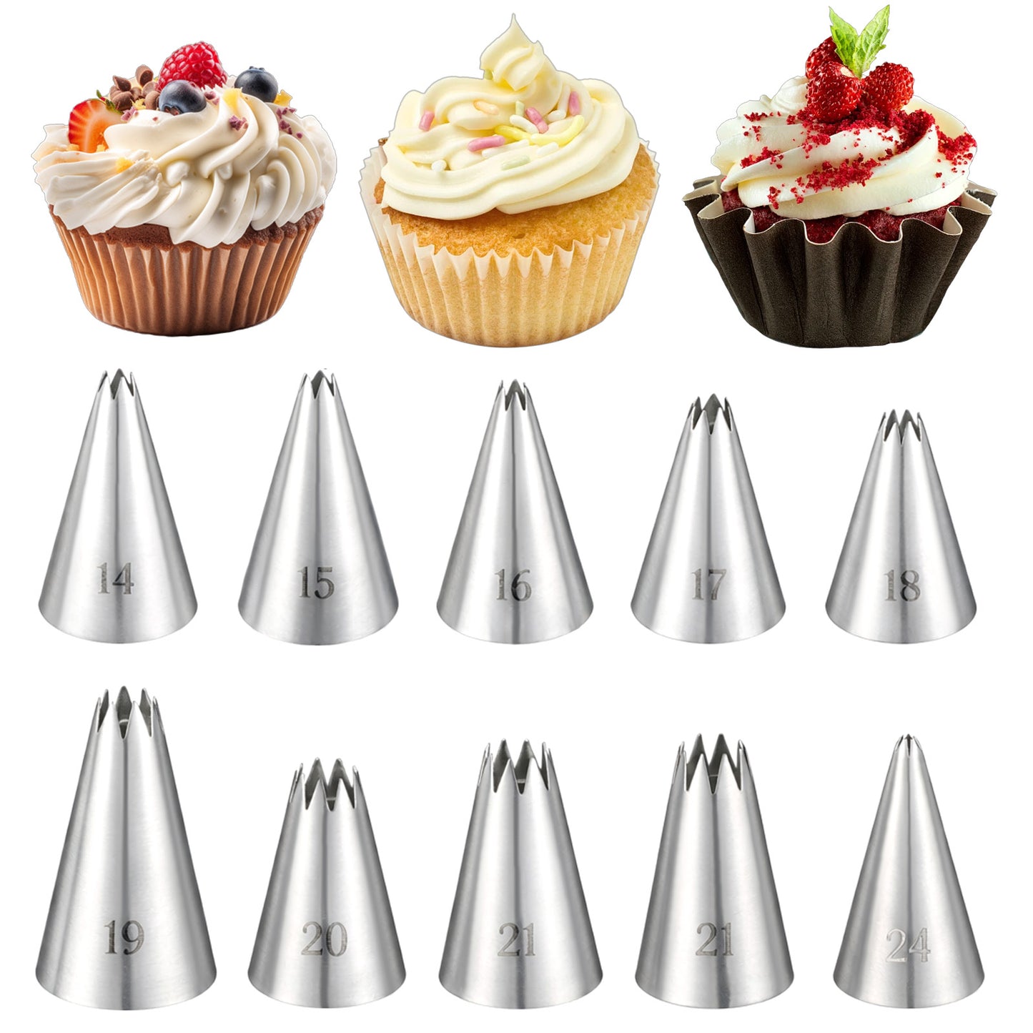TIESOME 10 Piece Star Piping Tip, Stainless Steel Open Star Piping Tips Set Small Size 14-24, French Stars Tube Frosting Nozzle Kit for Cakes, Cupcakes, Cookies Decorating