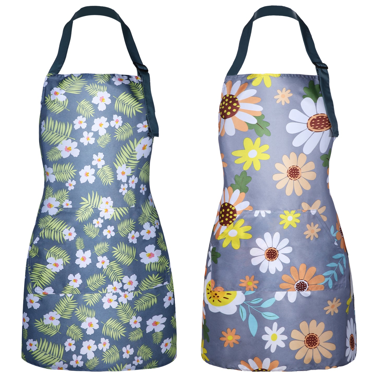 cobee 2 Pcs Aprons For Women with Pockets, Waterproof Apron Adjustable Kitchen Aprons Baking Aprons, Cooking Garden Apron for Gardening Baking Crafts Unisex(Flowers)