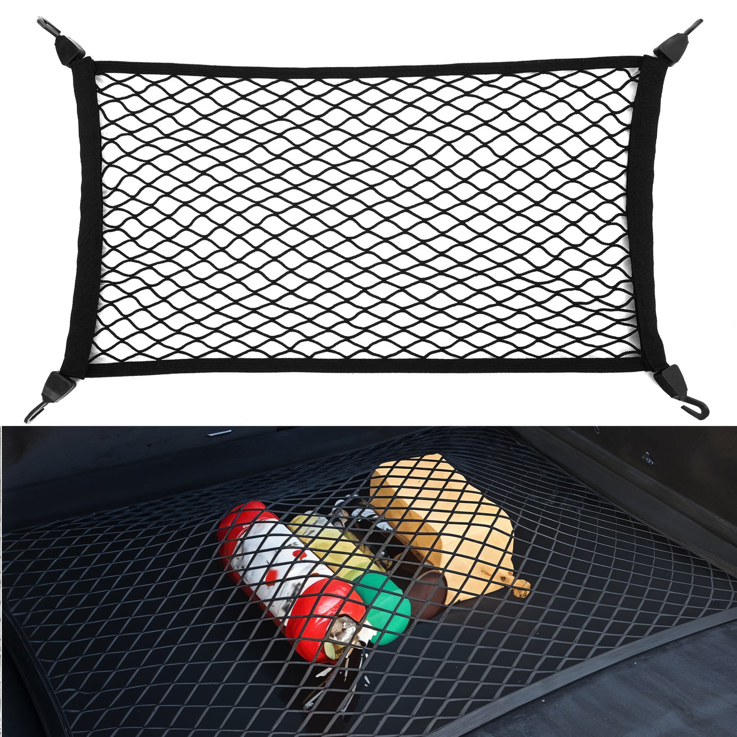AOZUO Car Cargo Net, Auto Elastic Net Storage Organizer Cargo Mesh Boot Net Stretchable with Hooks Car Interior Accessories for Car SUV Truck Auto Luggage