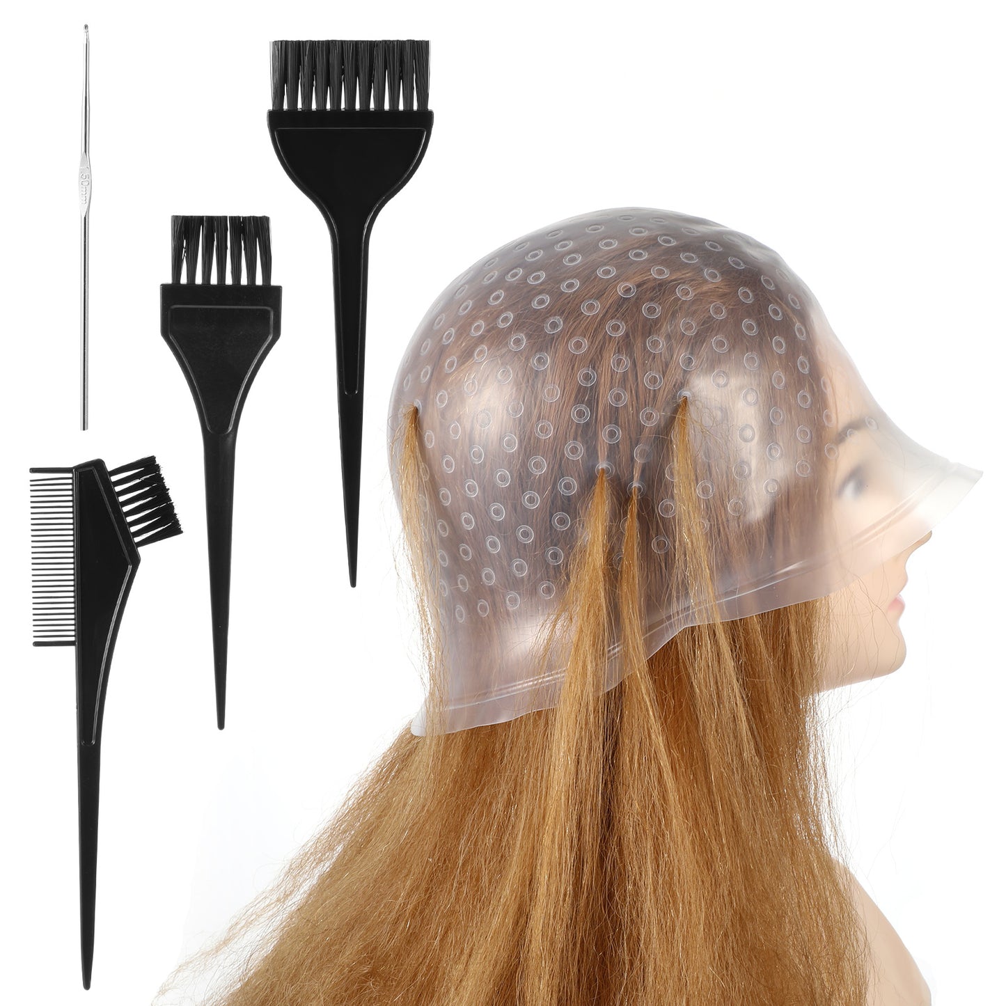 SHENLIU Punched Silicone Highlight Hair Cap with Needle Brushes Set,Reusable Highlighting Poked Hole Hooks for Salon Color Hairdressing Dyeing Staining Tools for Women Men(White)(White)
