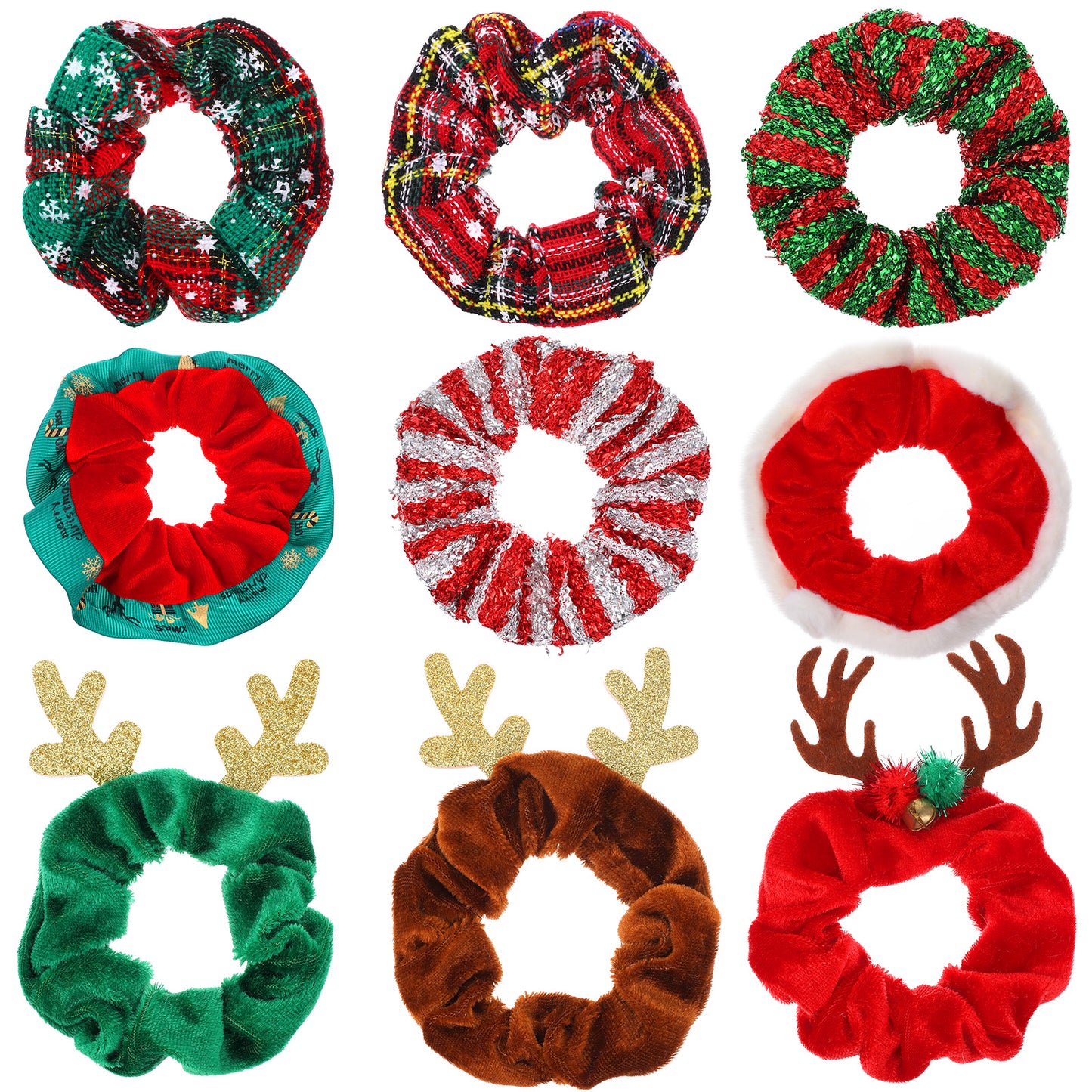 WJIAAA 9PCS Christmas Hair Scrunchies for Women, Soft Elastic Hair Bands with Santa Claus Snowman Elk Bell Christmas Tree Snowflake Patterns Festive Ponytail Holders