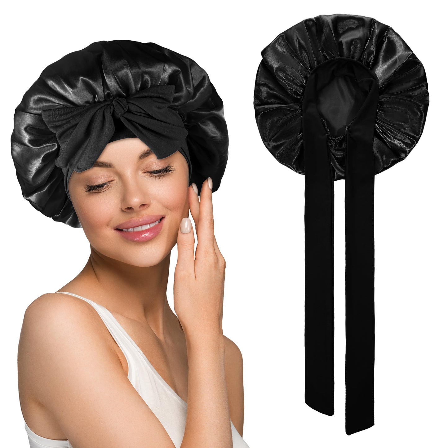 JIEYAO Satin Bonnet for Sleeping Women, Double Layer Silk Bonnet, Hair Bonnet with Elastic Tie Band Silk Sleeping Cap Nightcap Hair Protect for the Night Bonnet for Curly Hair (Black)