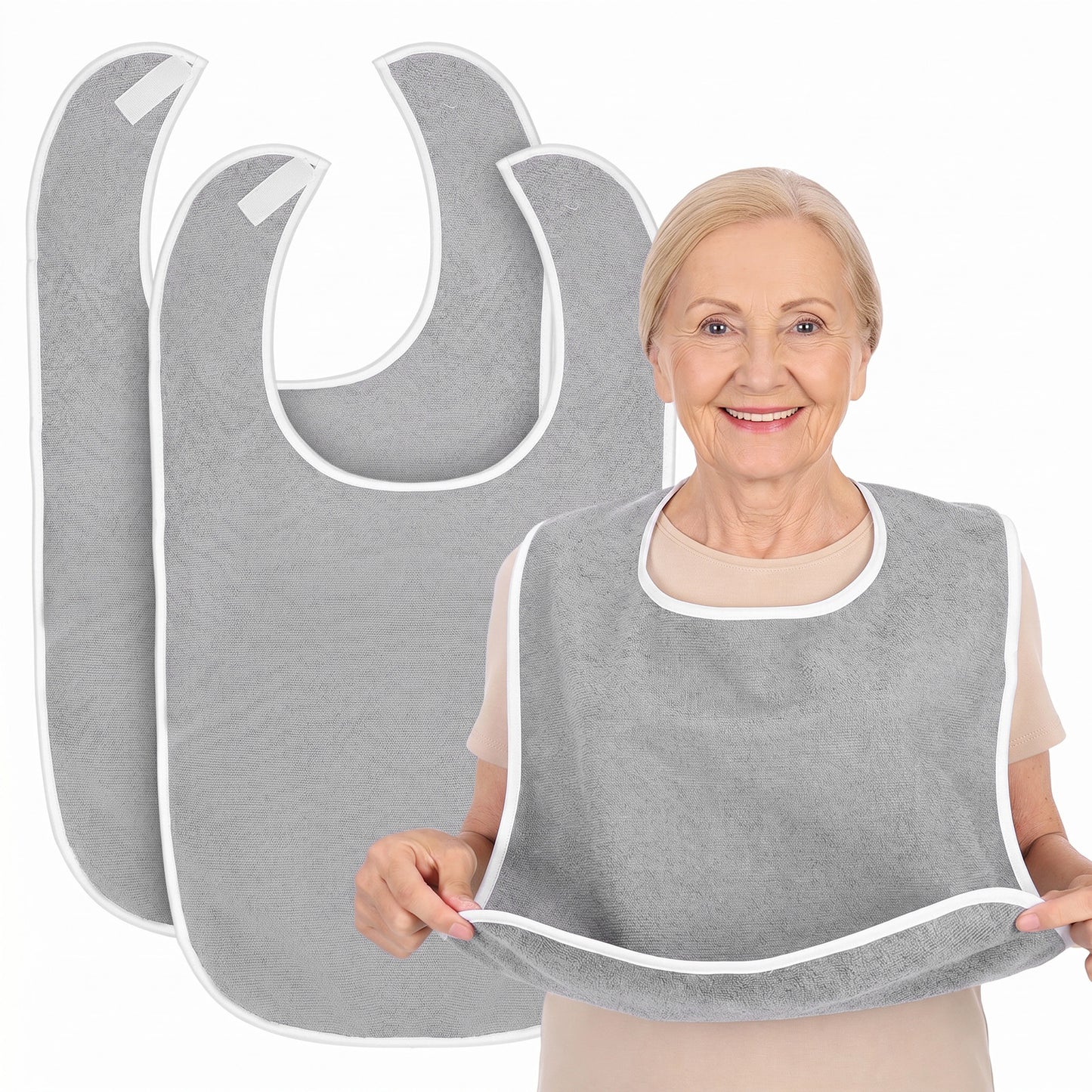 Cobee 2 Pack Adult Bibs, Adjustable Terry Cloth Bib Reusable Towel Bib Protectors Washable Clothing Protector Bibs for Senior Men Women Elderly Adults(Gray)
