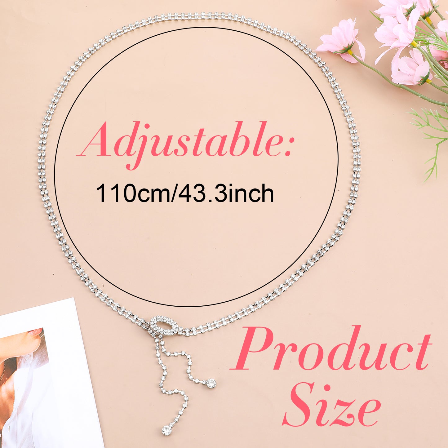 YUXMU Rhinestone Belts for Women, Silver Crystal Chain Belt Adjustable Sparkly Waist Chain for Dresses Parties