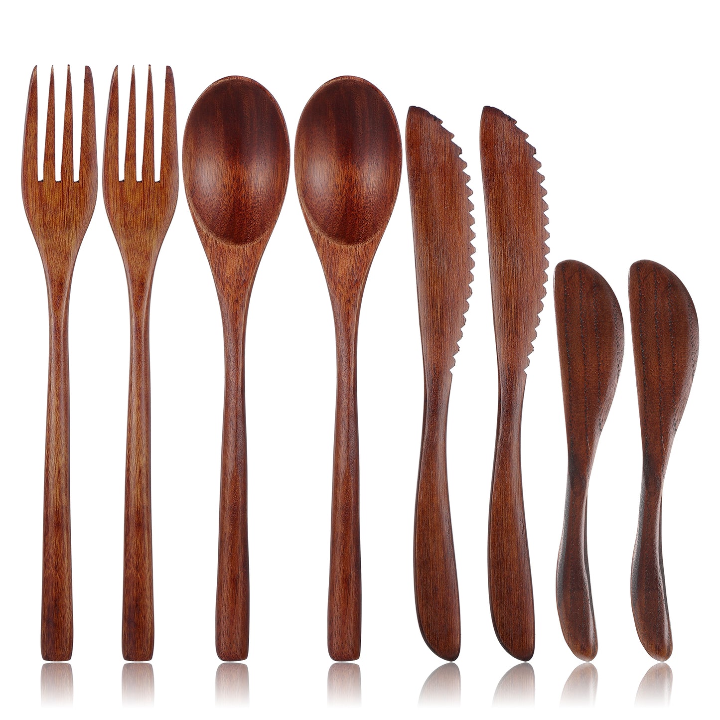 HJZHII 8PCS Wooden Utensils for Eating, Nanmu Wooden Spoons Forks Scraper Butter Spreader Reusable Wood Utensil Set Flatware Tableware Cutlery Set for Home Travel Camping