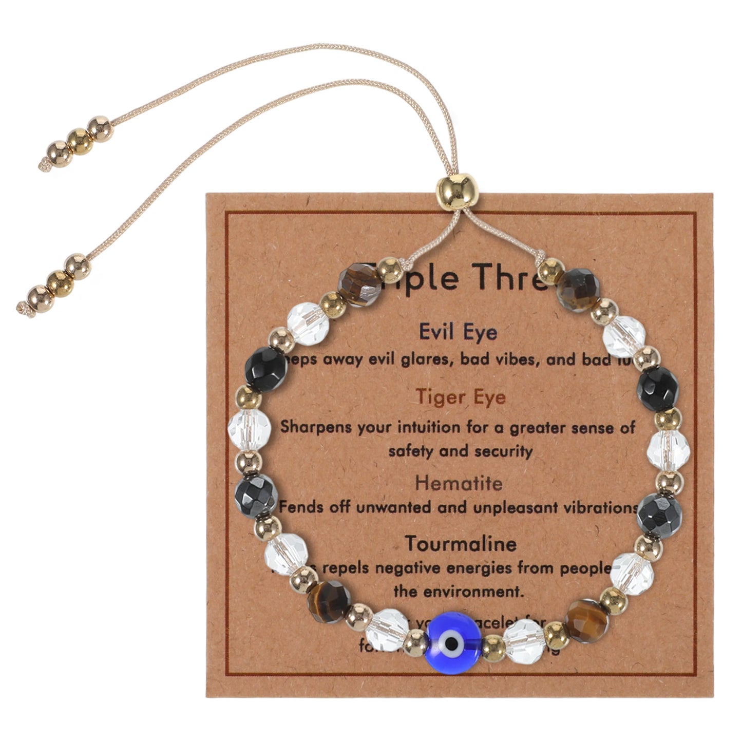 WJIAAA Evil Eye Bracelet for Women, Natural Crystal Protection Healing Bracelets with Amethyst Black Tourmaline, Adjustable Spiritual Jewelry Gift with Meaning Card