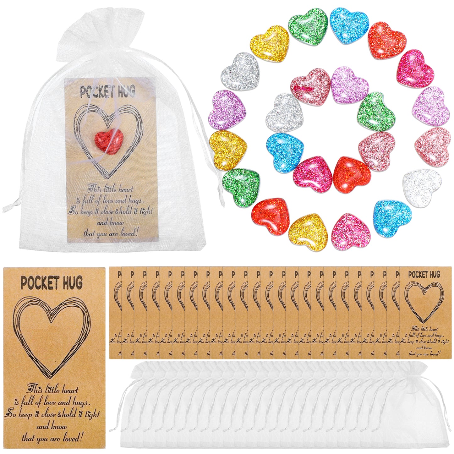 WJIAAA 24 Sets Pocket Hug Token Bulk, Heart Shape Resin Stones with Organza Bags and Inspirational Hug Cards, Encouragement Gifts for Friend Family Colleague Back to School Gifts Celebration of Life