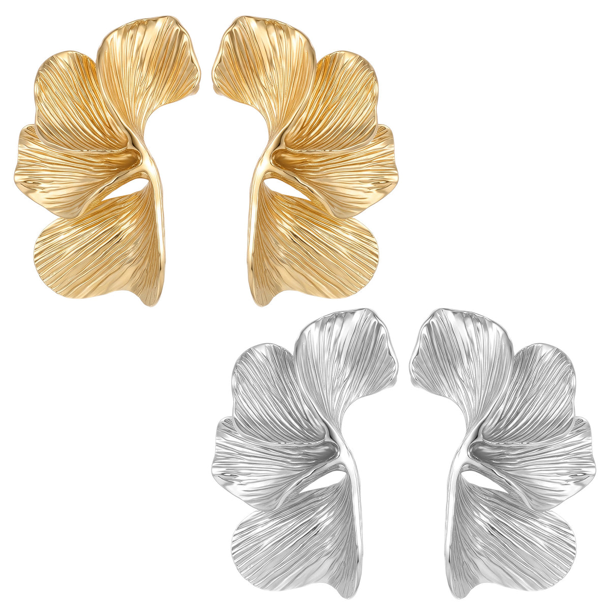 YUXMU 2 Pairs Gold Silver Flower Leaf Shell Angel Wing Statement Earrings