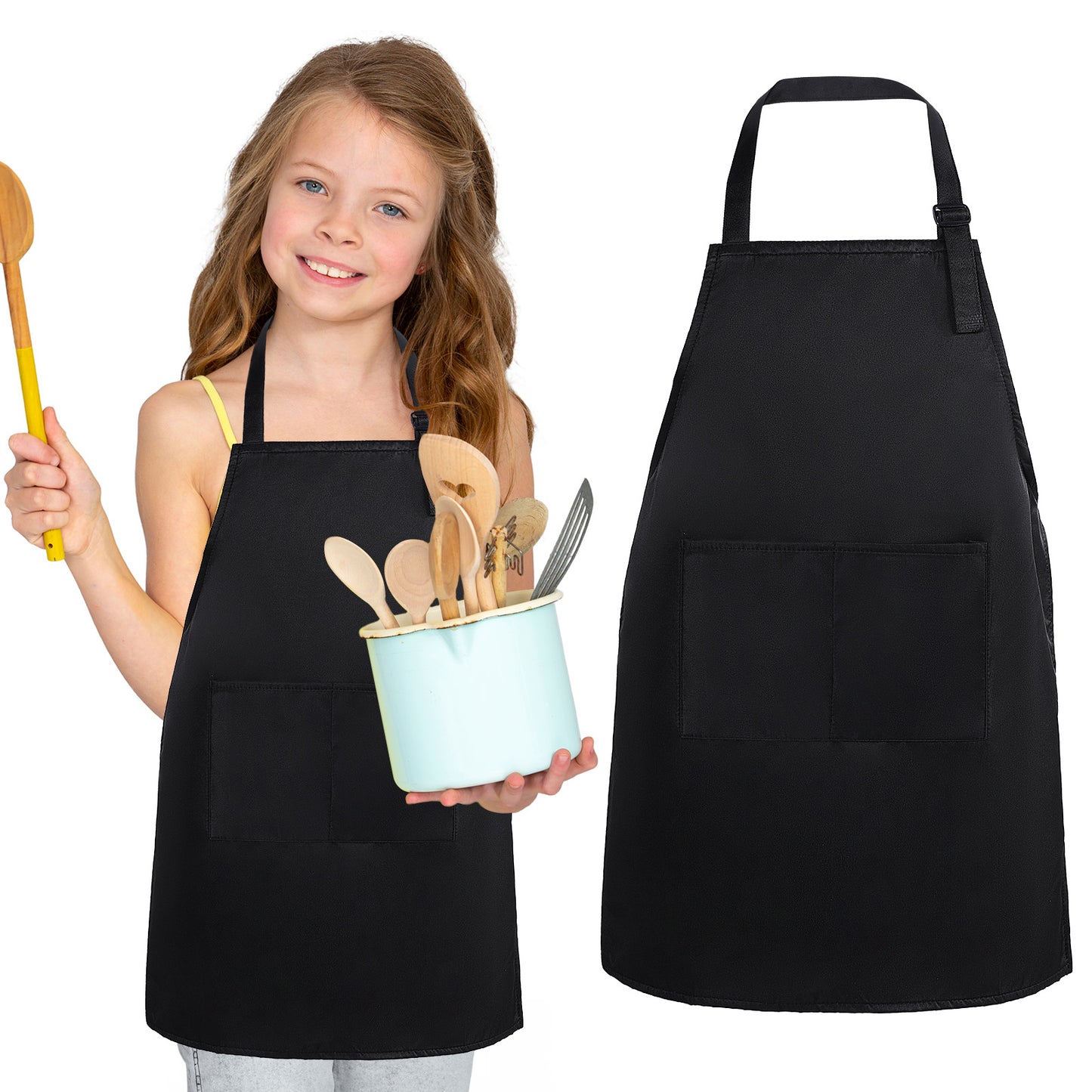 TIESOME 2 PCS Kids Cooking Art Apron Set, Adjustable Apron Waterproof Painting Smock with Pockets for DIY Baking Craft Activities (23.6x17.7 in) (black)