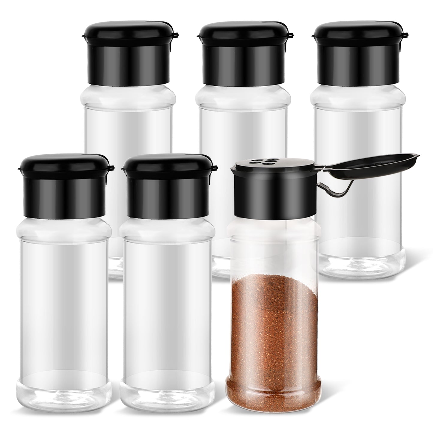 TIESOME 6 Pcs Plastic Spice Jars with Shaker Lids, 3 oz Clear Seasoning Containers for Spice Rack, Drawer, Cabinet Storage (Black Lid)