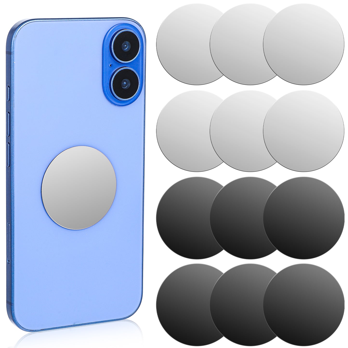 TIESOME 12 PCS Self-Adhesive Metal Plates, Strong Magnetic Discs Phone Metal Plate for Figures Car Phone Mount Holder Silver and Black