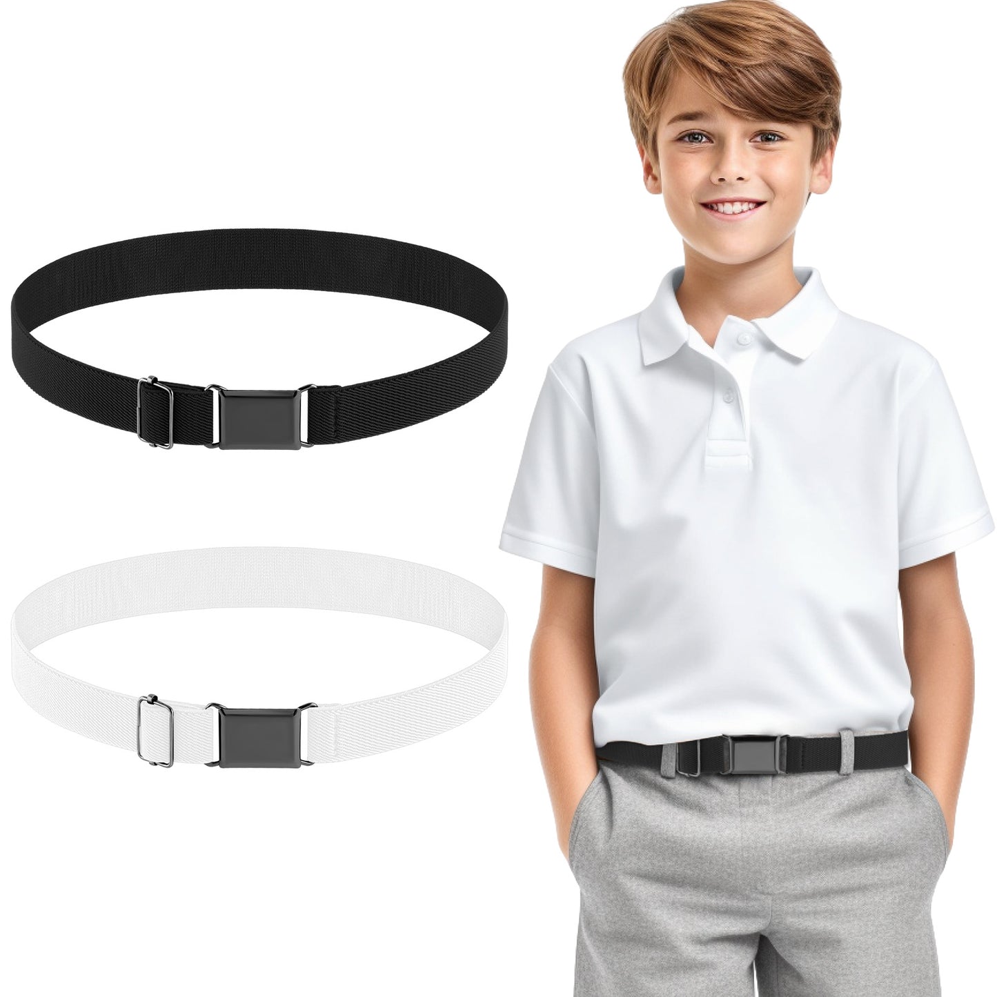 TIESOME 2PCS Adjustable Kids Elastic Belts, Stretch Waist Belts Black Metal Square Buckle Boys Belt for Pants Jeans Uniform (Black+White)