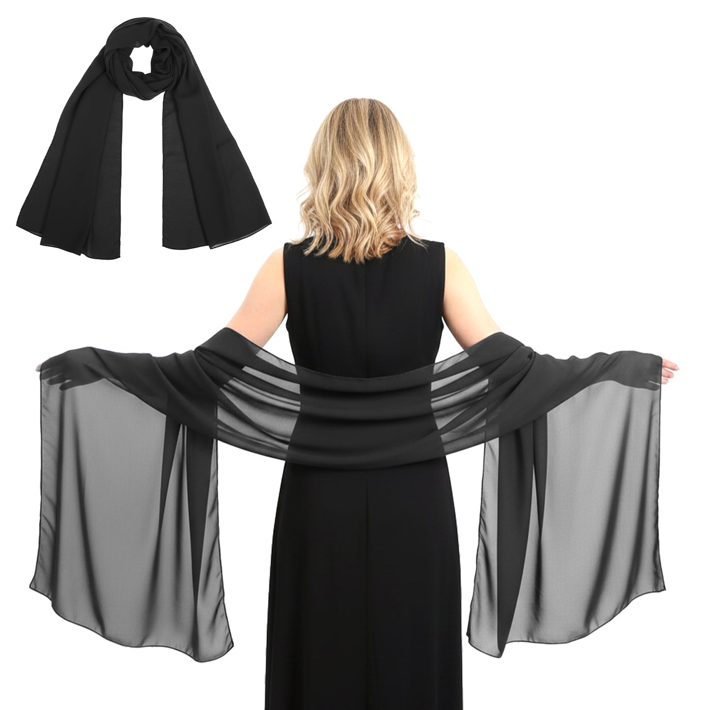 DOPENSPI Chiffon Shawls and Wraps for Women, 78.7x27.6in Lightweight Chiffon Scarf Soft Wedding Evening Bridal Scarf for Evening Party Dress Cover Up(Black)