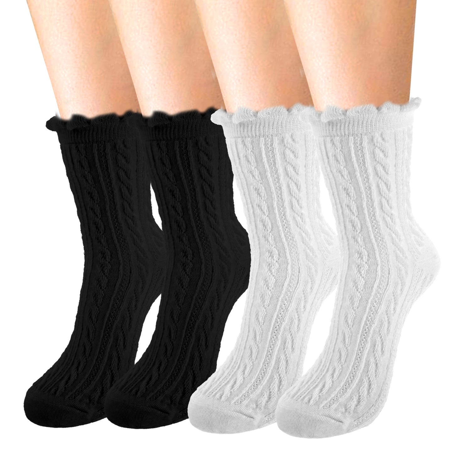 Giantree 4Pcs Women White Crew Socks, White Crew Socks Women, Ruffle Socks Woman, Cable Knit Casual Crew Sock, White Lettuce Edge Boot Sock, Casual Knit Cotton Comfy Breathable Cool Sock(White, Black)