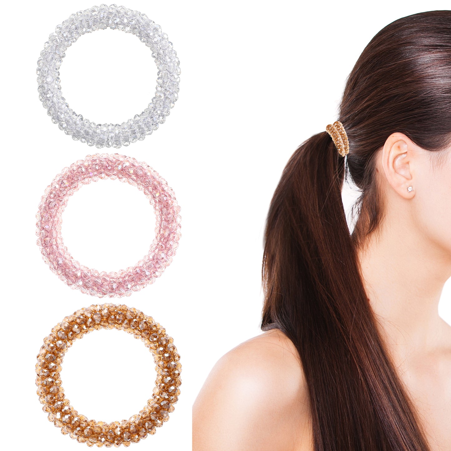 TIESOME 3Pcs Rhinestone Hair Ties High Ponytail Holder Bling Elastic Fancy Crystal Hairband Bracelet Headband Ponytail hair Accessories Suitable for Women Girls()