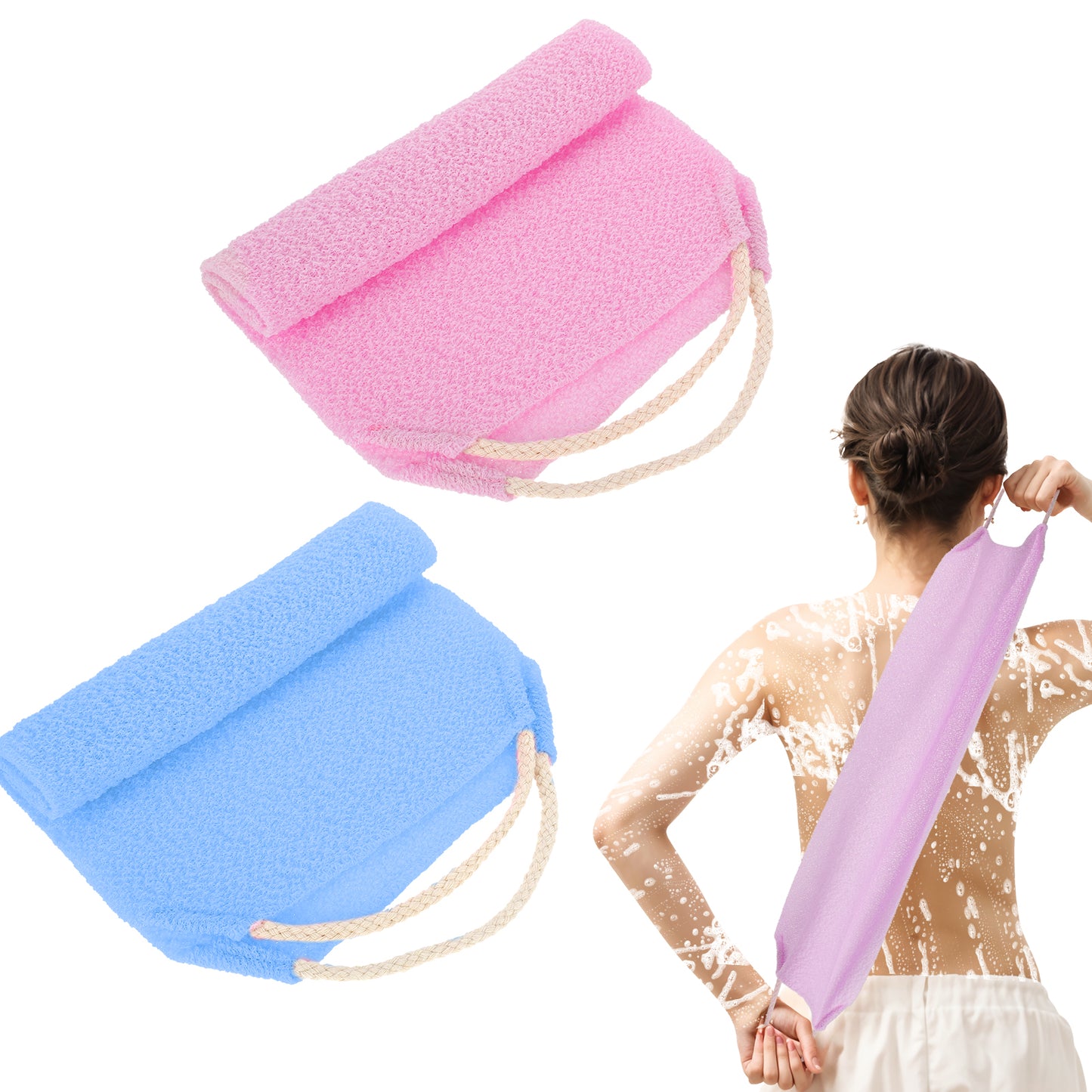 Molain 2Pcs Back Scrubber for Shower with Handles Nylon Exfoliating Washcloth Extended Length Washers Stretchable Shower Scrubber for Face Back Cleans Skin Massages Women Men(Blue,Pink)