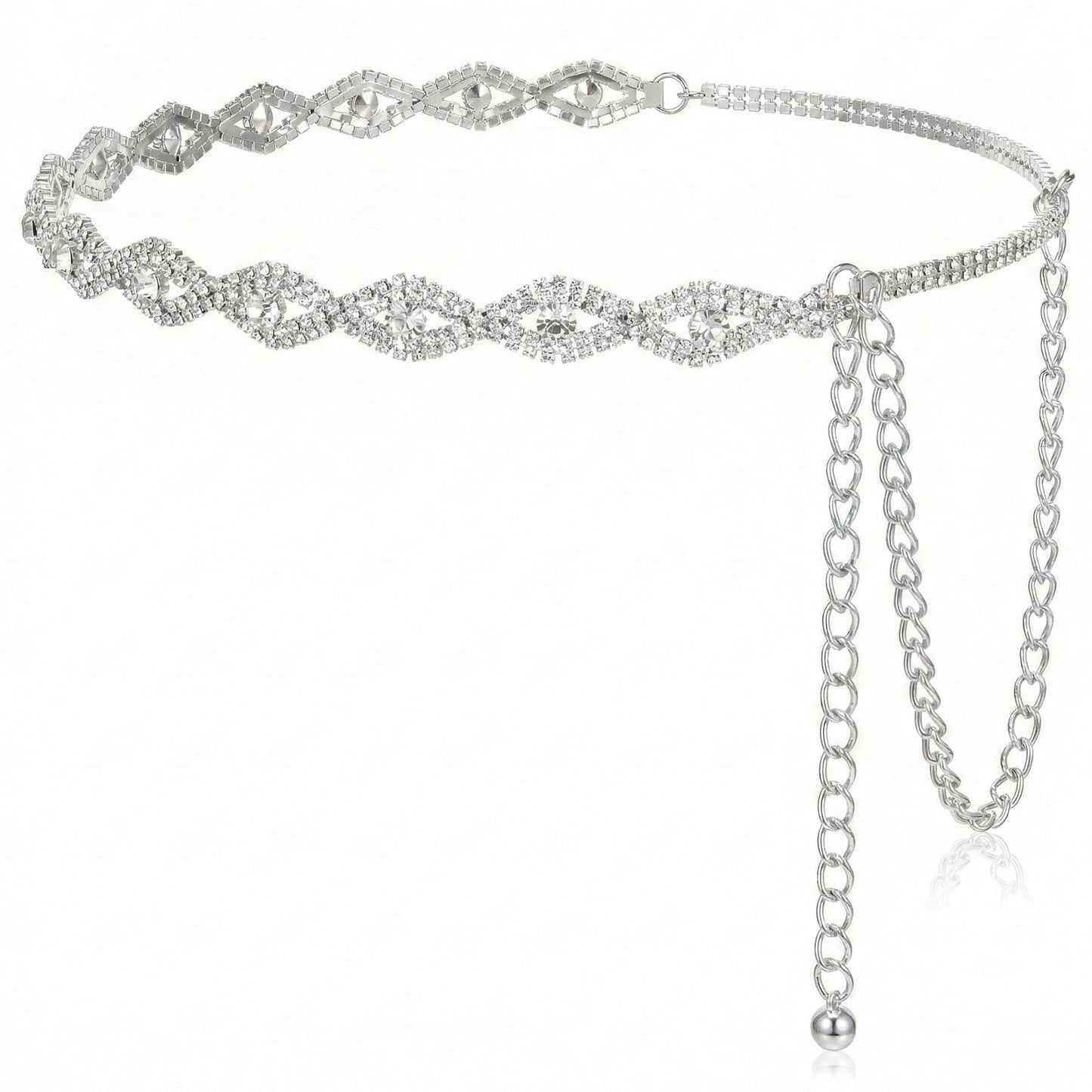 Molain Rhinestone Belt for Women, Sparkly Silver Chain Belt Adjustable Crystal Waist Chain Fashion Chain Belts Thin Belts for Dresses Large Size Glitter Belts